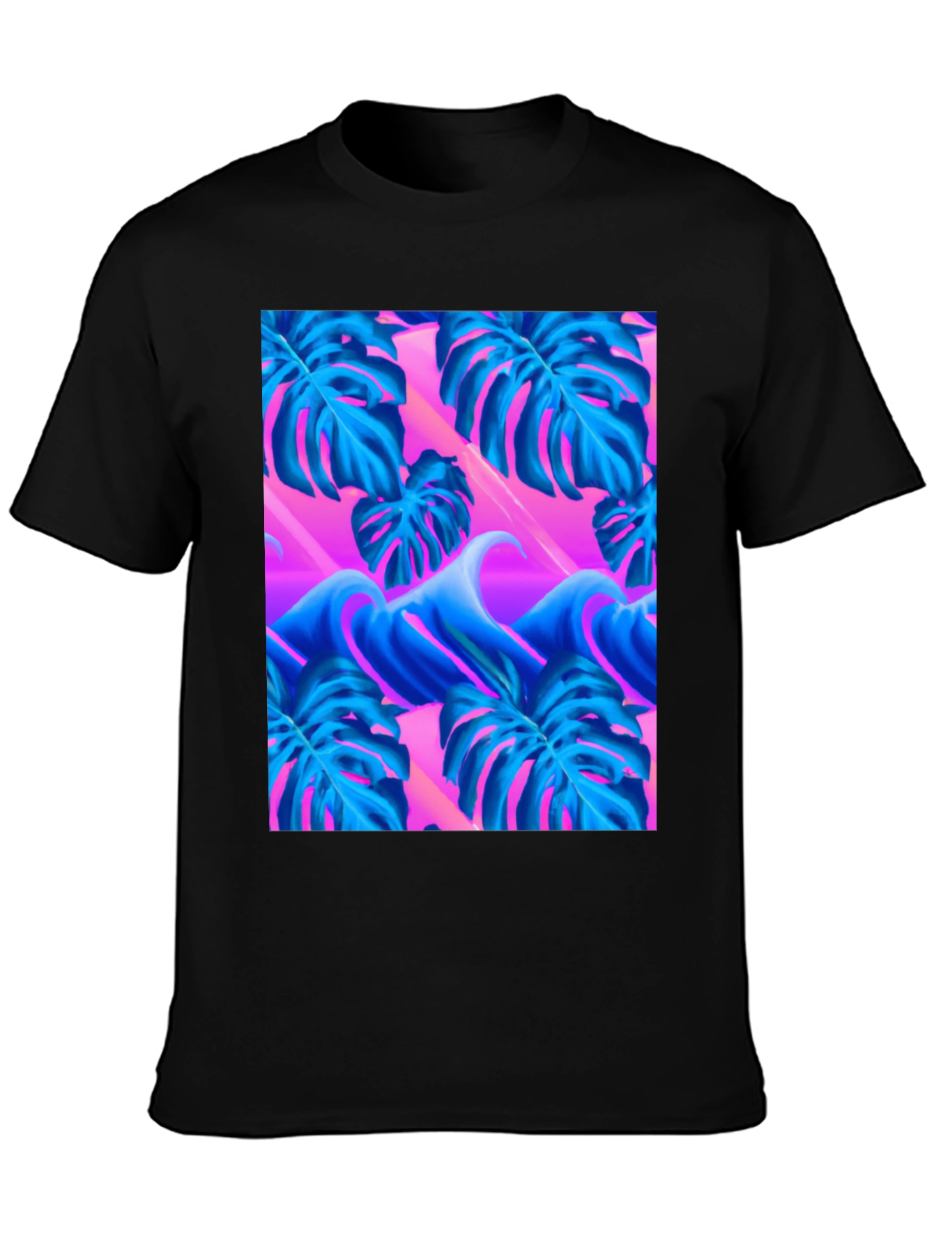 Black Vaporwave Monstera Leaf T-Shirt view 3