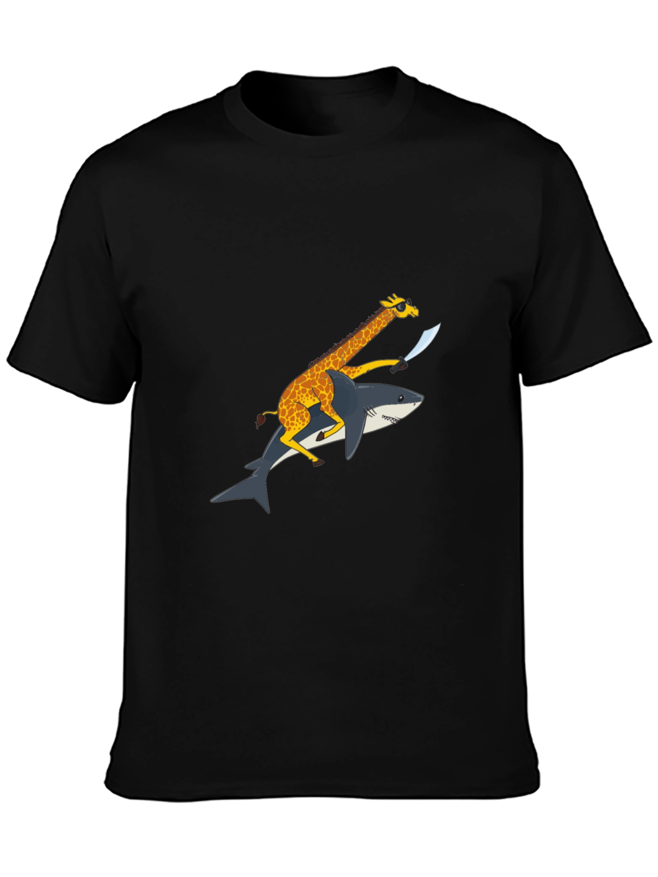 Black Giraffe Riding Shark Graphic Tee - Funny Animal Shirt view 3