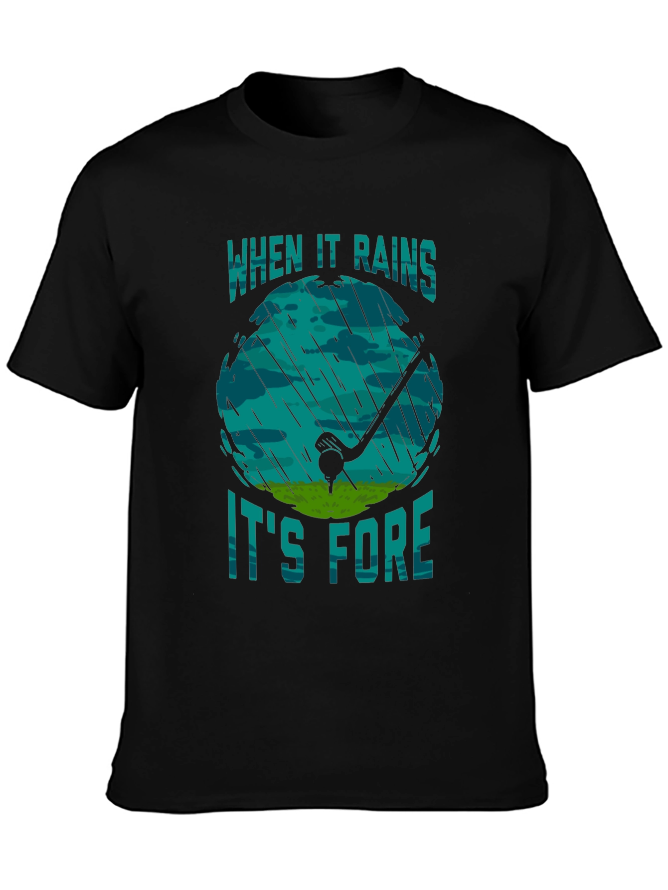 Black Funny Golf Rain T-Shirt - When It Rains It's Fore view 3