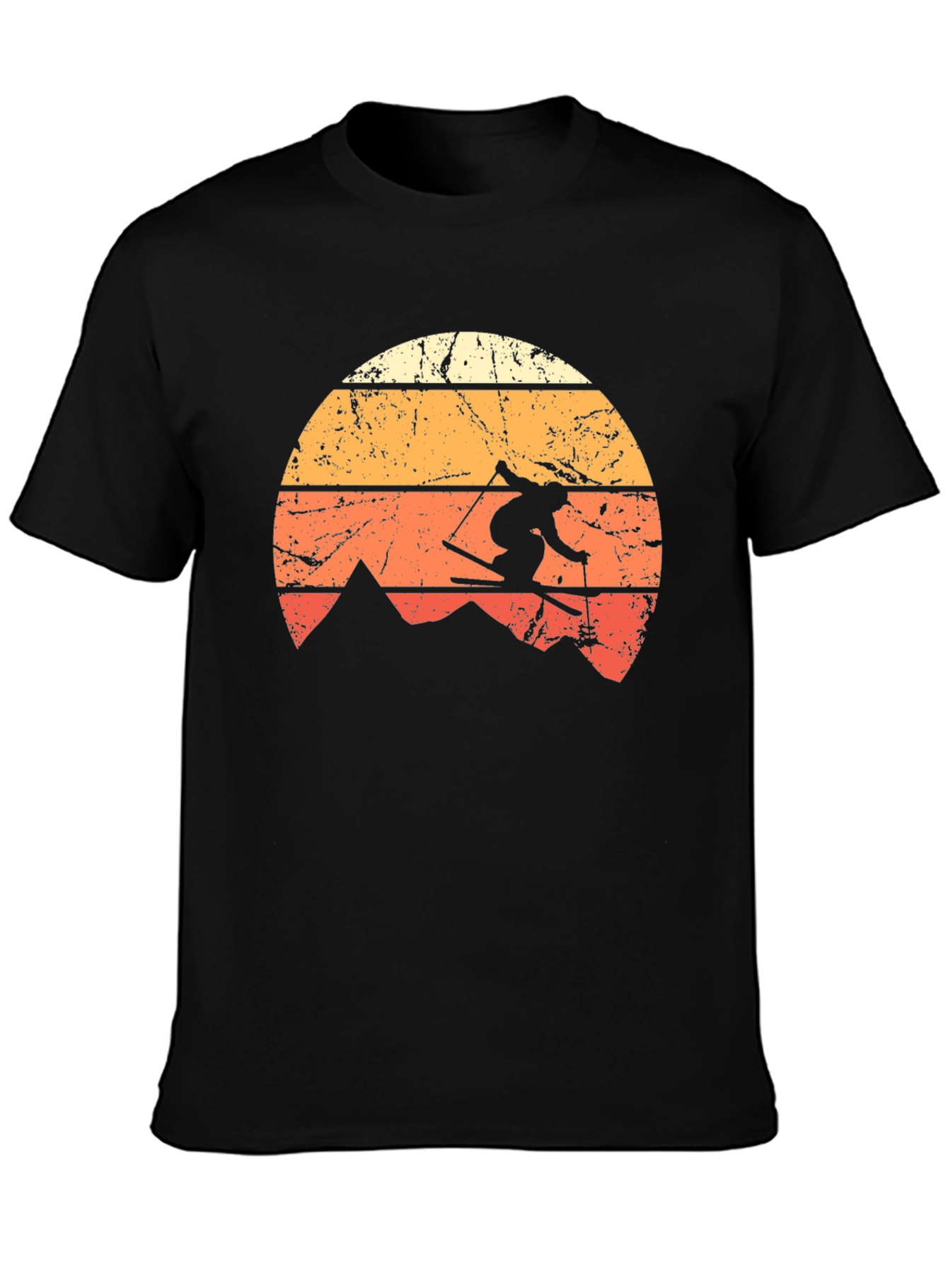 Black Retro Skiing T-Shirt - Vintage Mountain Sunset Design view 3