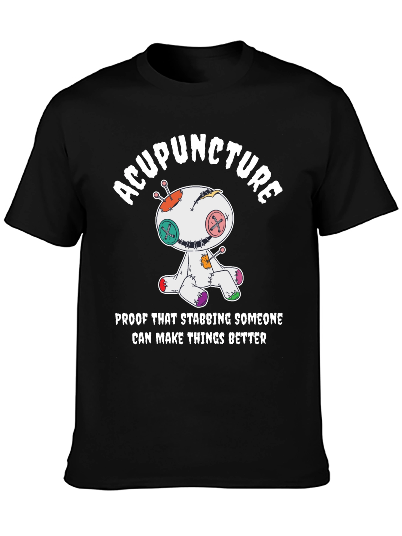 Black Acupuncture Voodoo Doll T-Shirt - Funny Healing Tee view 3