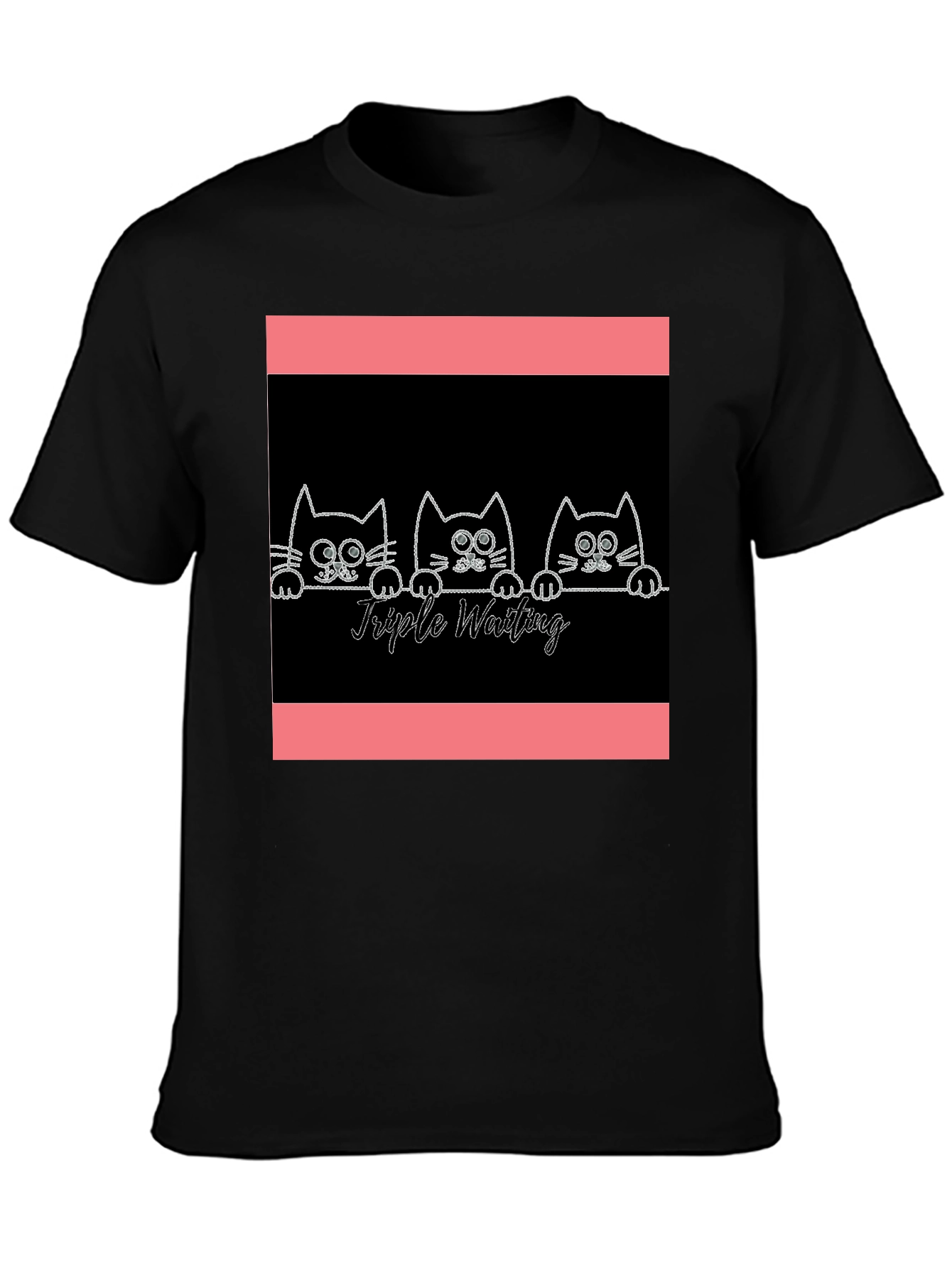Black Triple Waiting Cats Graphic Tee - Soft Black Cotton T-Shirt view 3