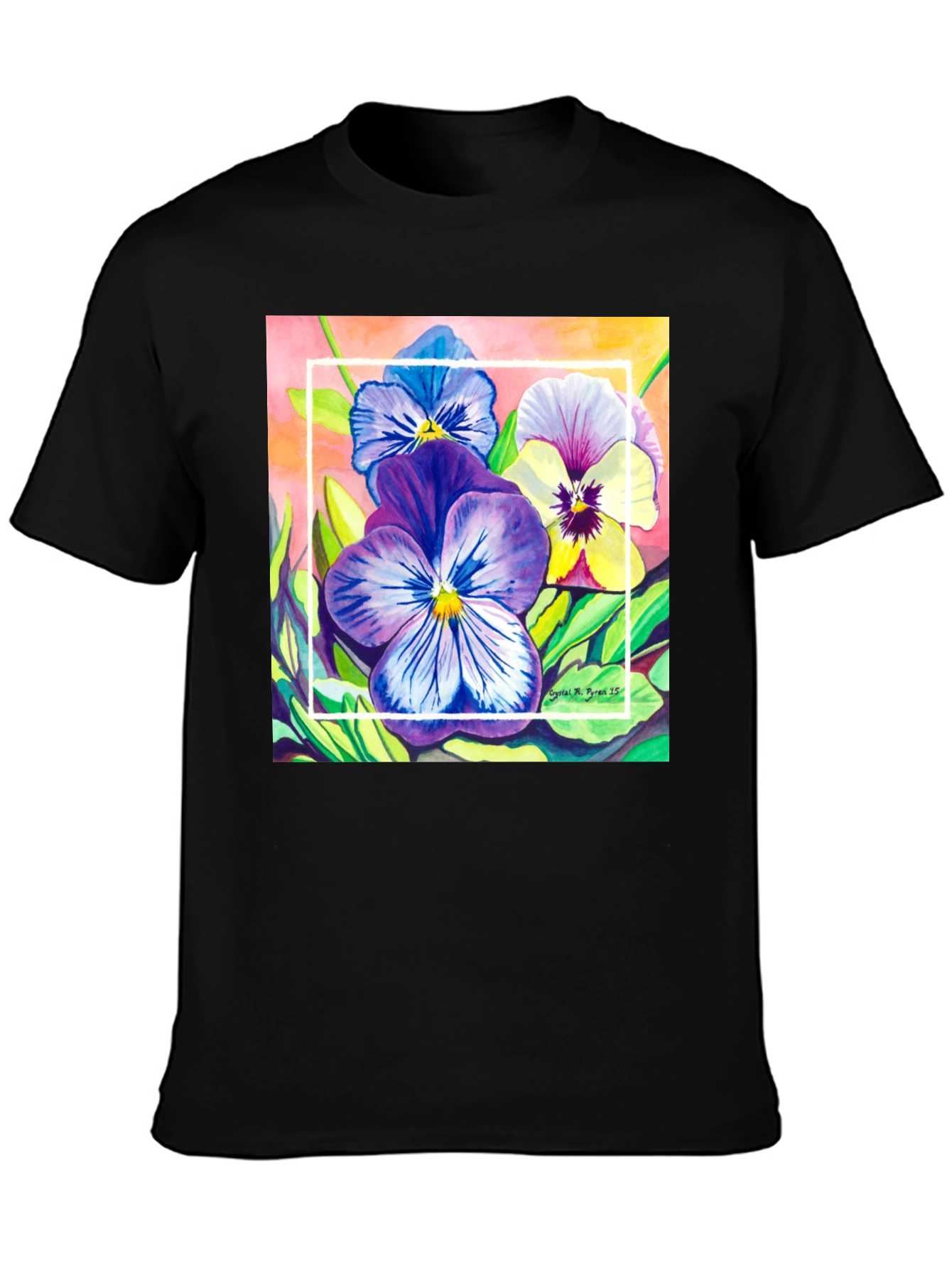 Black Floral Pansies Watercolor T-Shirt view 3