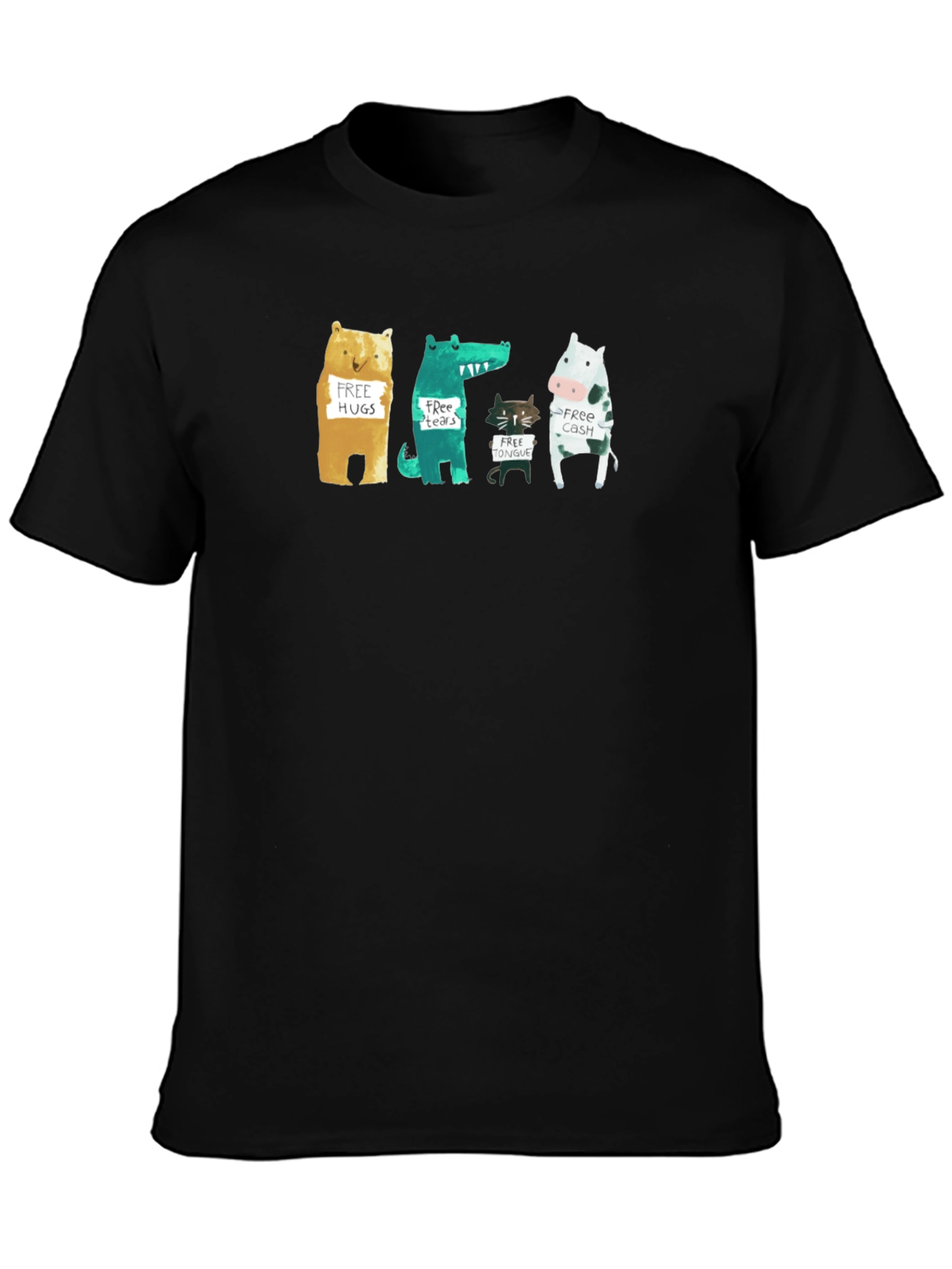 Black Animal Humor Graphic Tee - Free Hugs, Tears, Tongue, Cash! view 3
