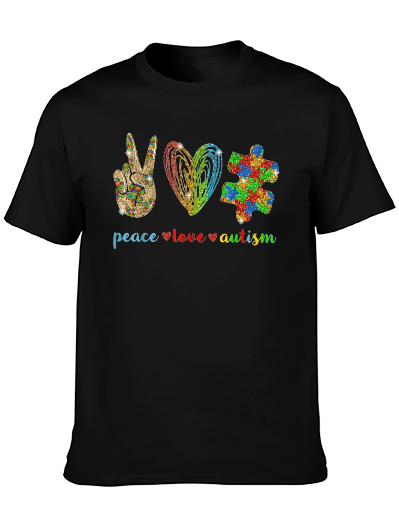 Black Peace Love Autism T-Shirt view 3