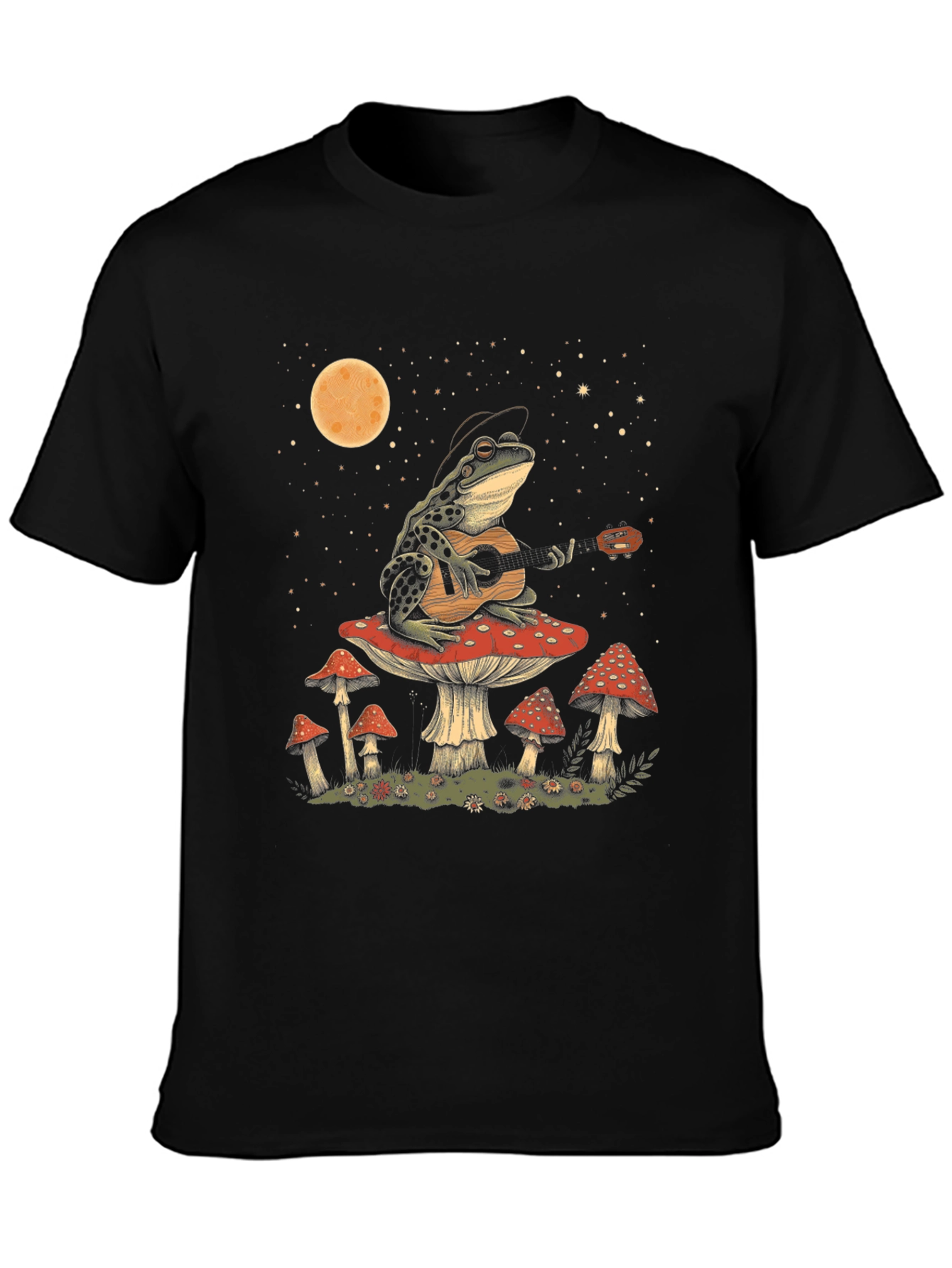 Black Frog Guitarist on Mushroom T-Shirt - Black Cotton Tee view 3