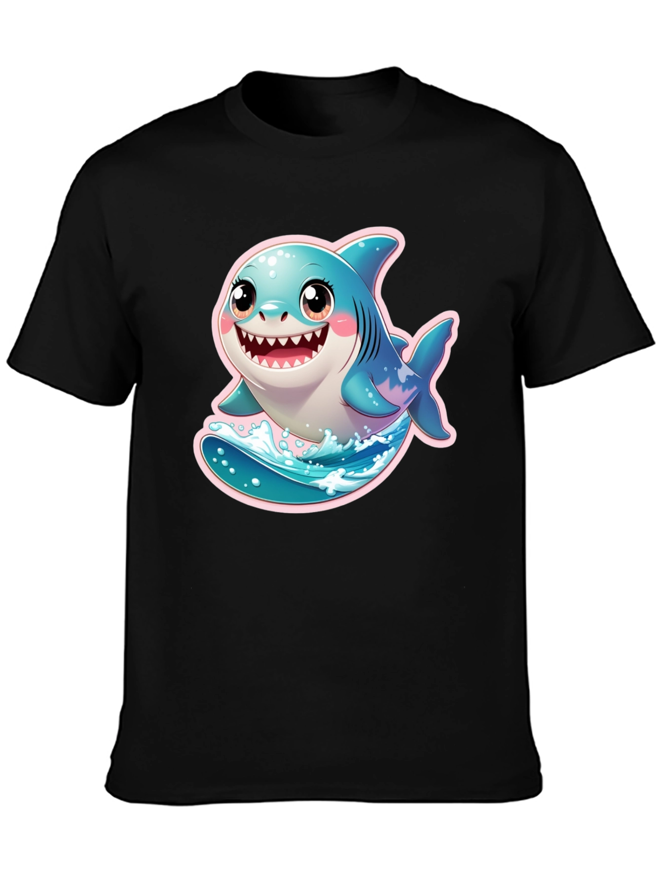 Black Cute Cartoon Shark Graphic Black T-Shirt view 3