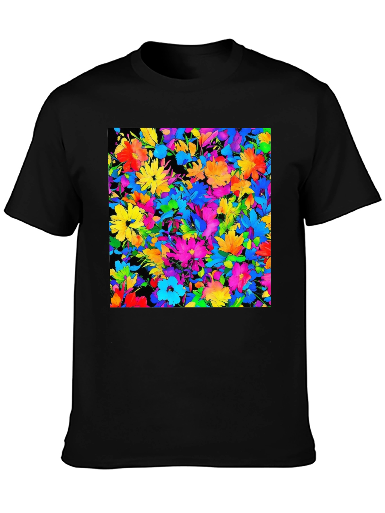 Black Colorful Floral Print Men's Black T-Shirt view 3