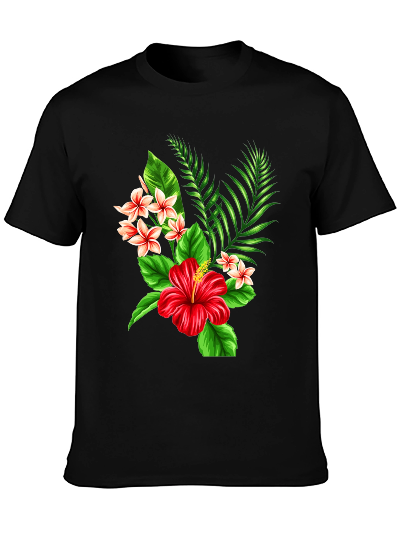 Black Tropical Floral T-Shirt - Red Hibiscus & Plumeria Design view 3