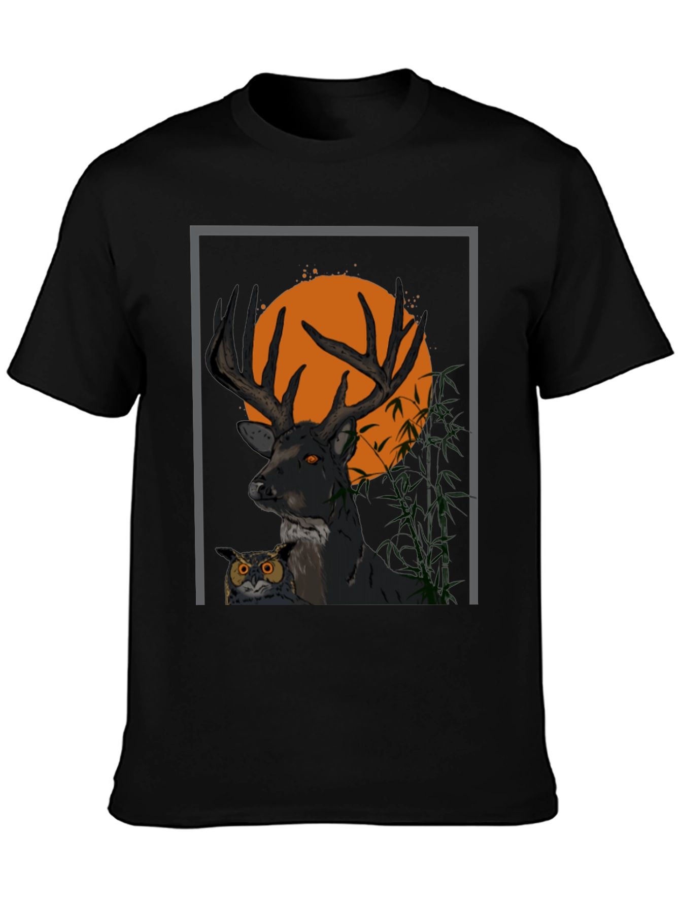Black Deer & Owl Graphic Tee - Nature Inspired Men's Shirt view 3