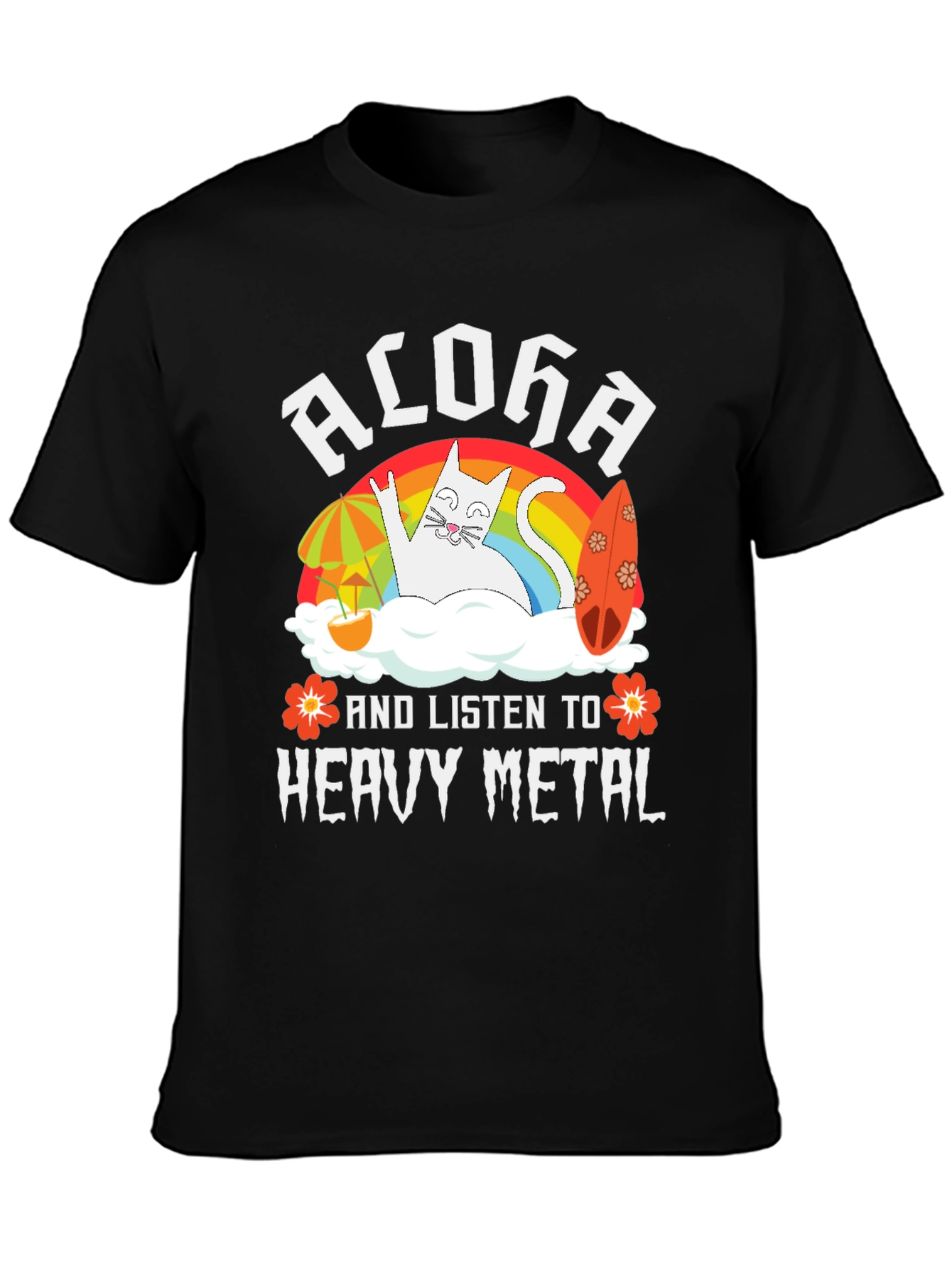 Black Aloha Heavy Metal Cat Graphic T-Shirt view 3