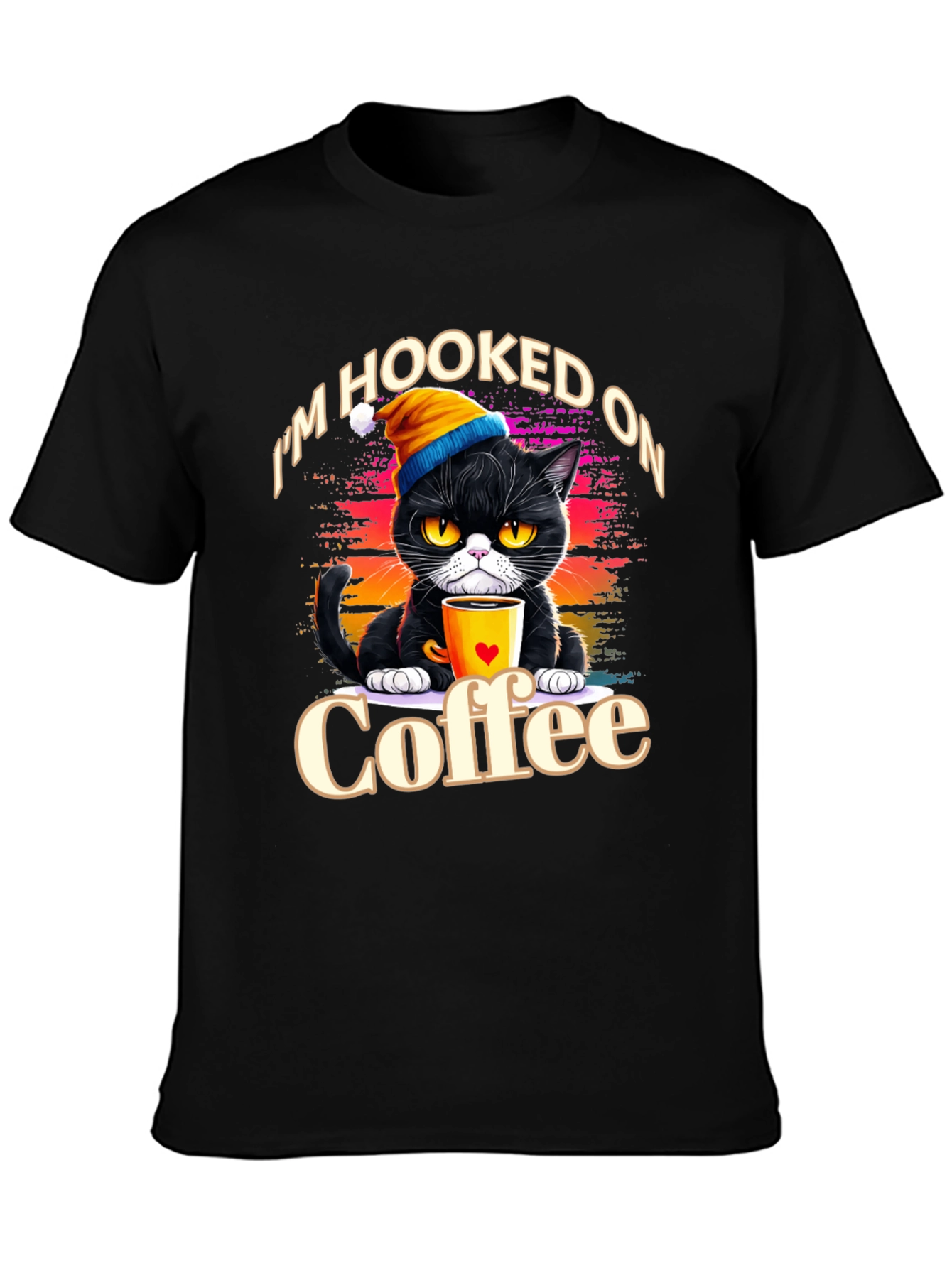 Black Hooked On Coffee Cat T-Shirt view 3
