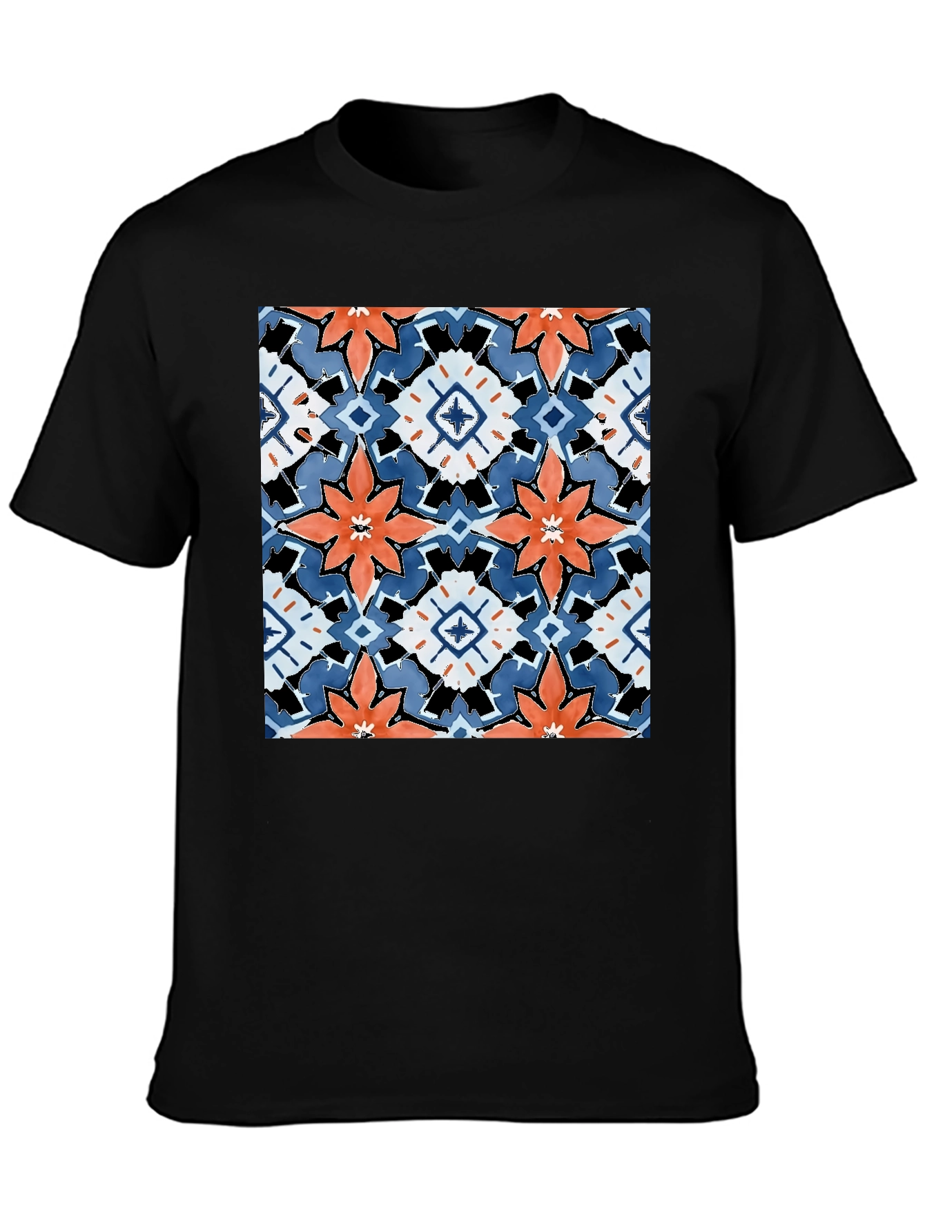 Black Black T-Shirt with Bold Floral Tile Design view 3