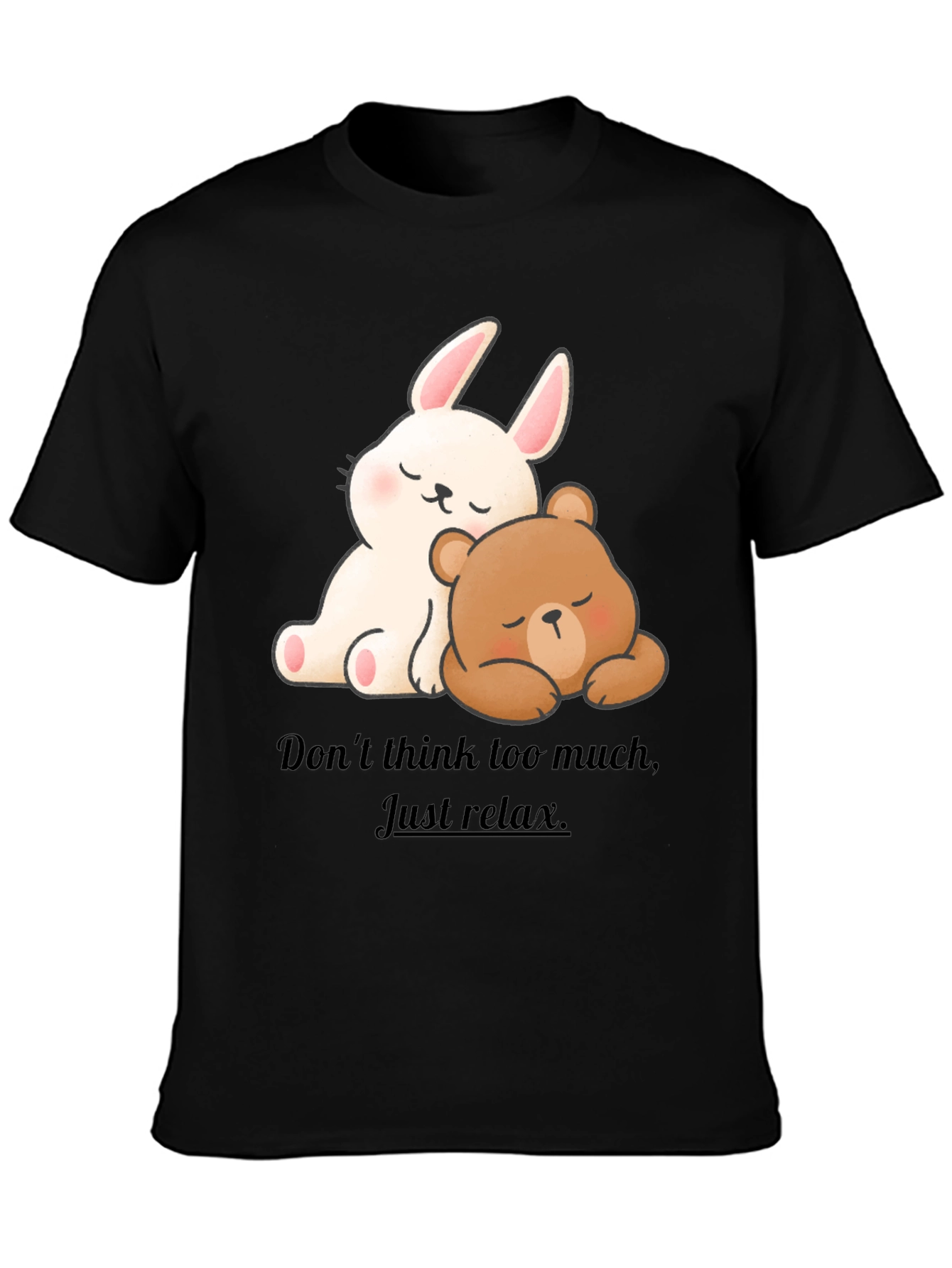 Black Cute Cartoon Bunny & Bear Relax T-Shirt view 3