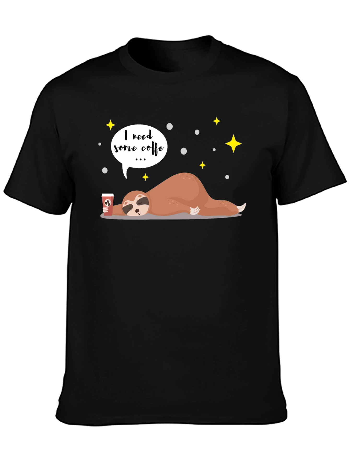 Black I Need Coffee Sloth Graphic T-Shirt view 3