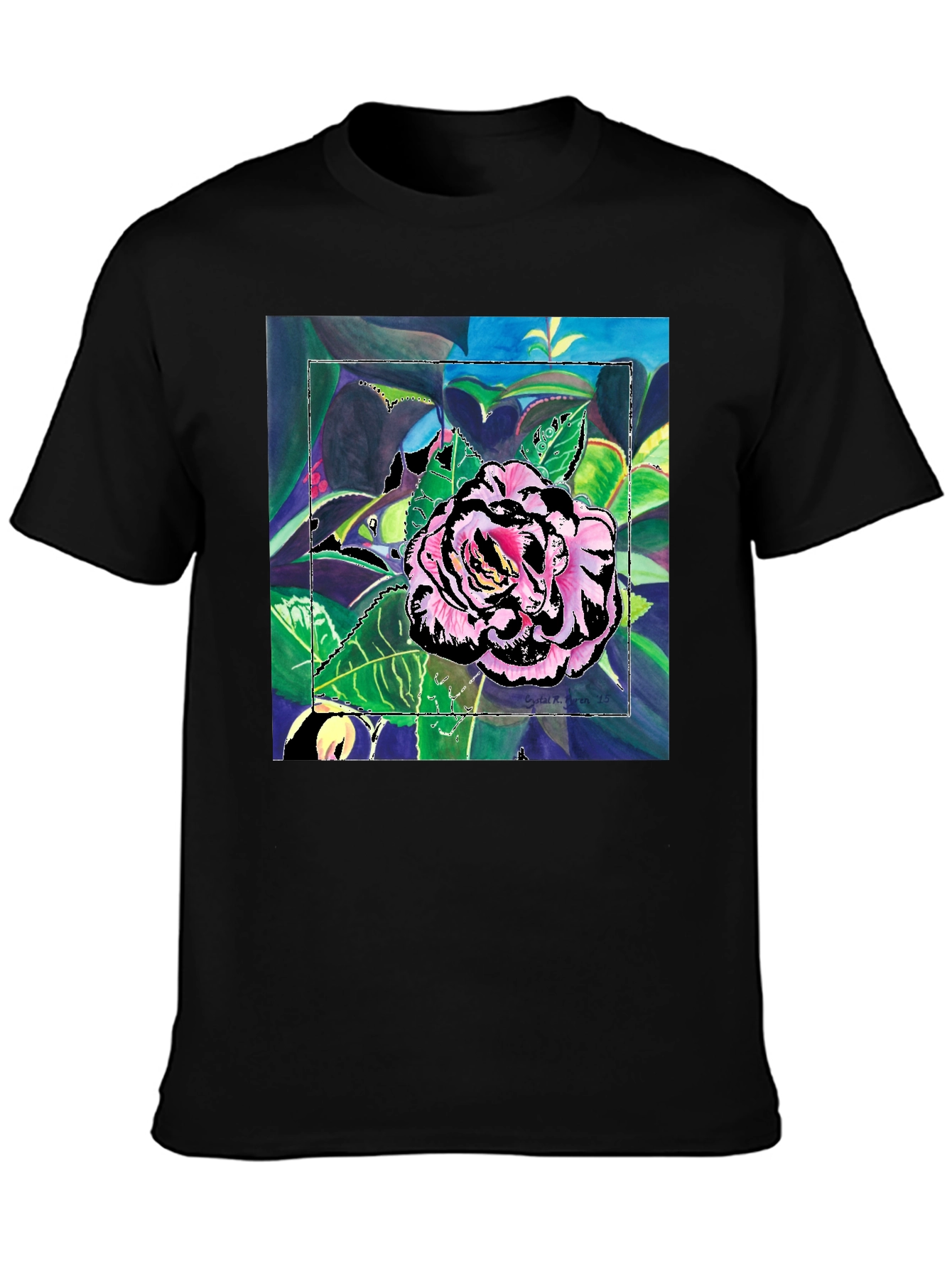 Black Floral Art Print Black T-Shirt view 3