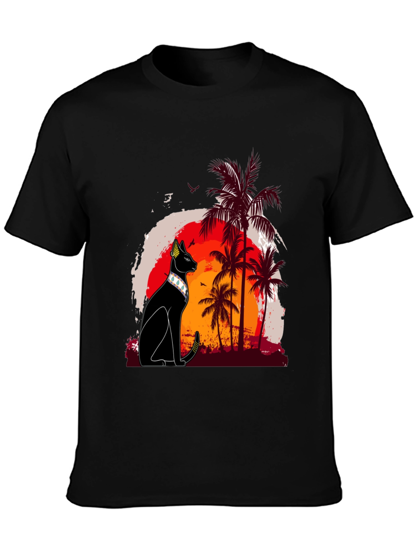 Black Egyptian Cat Palm Sunset Graphic Tee view 3