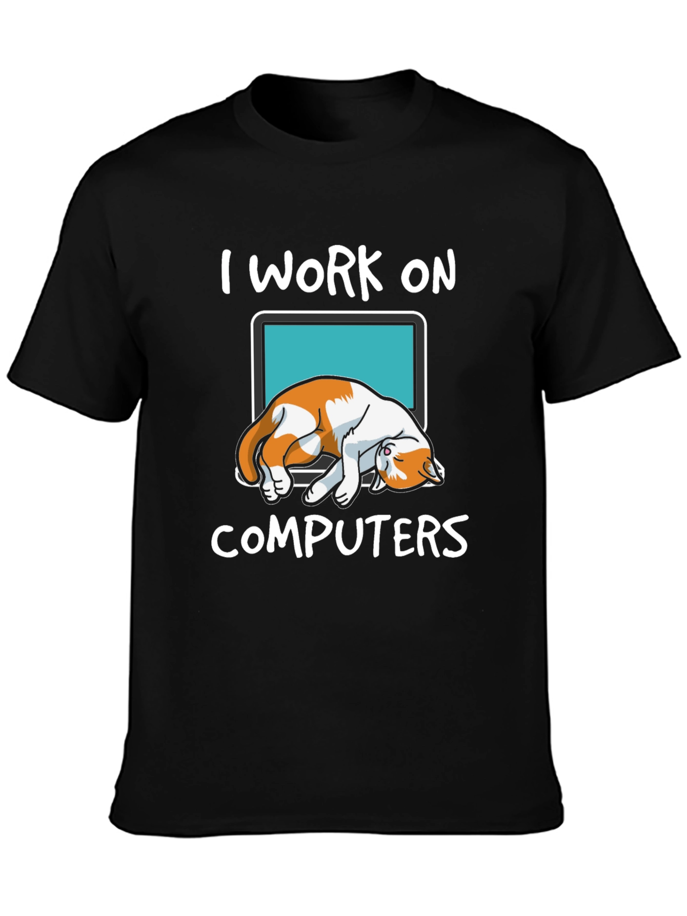 Black I Work On Computers Cat Graphic T-Shirt view 3