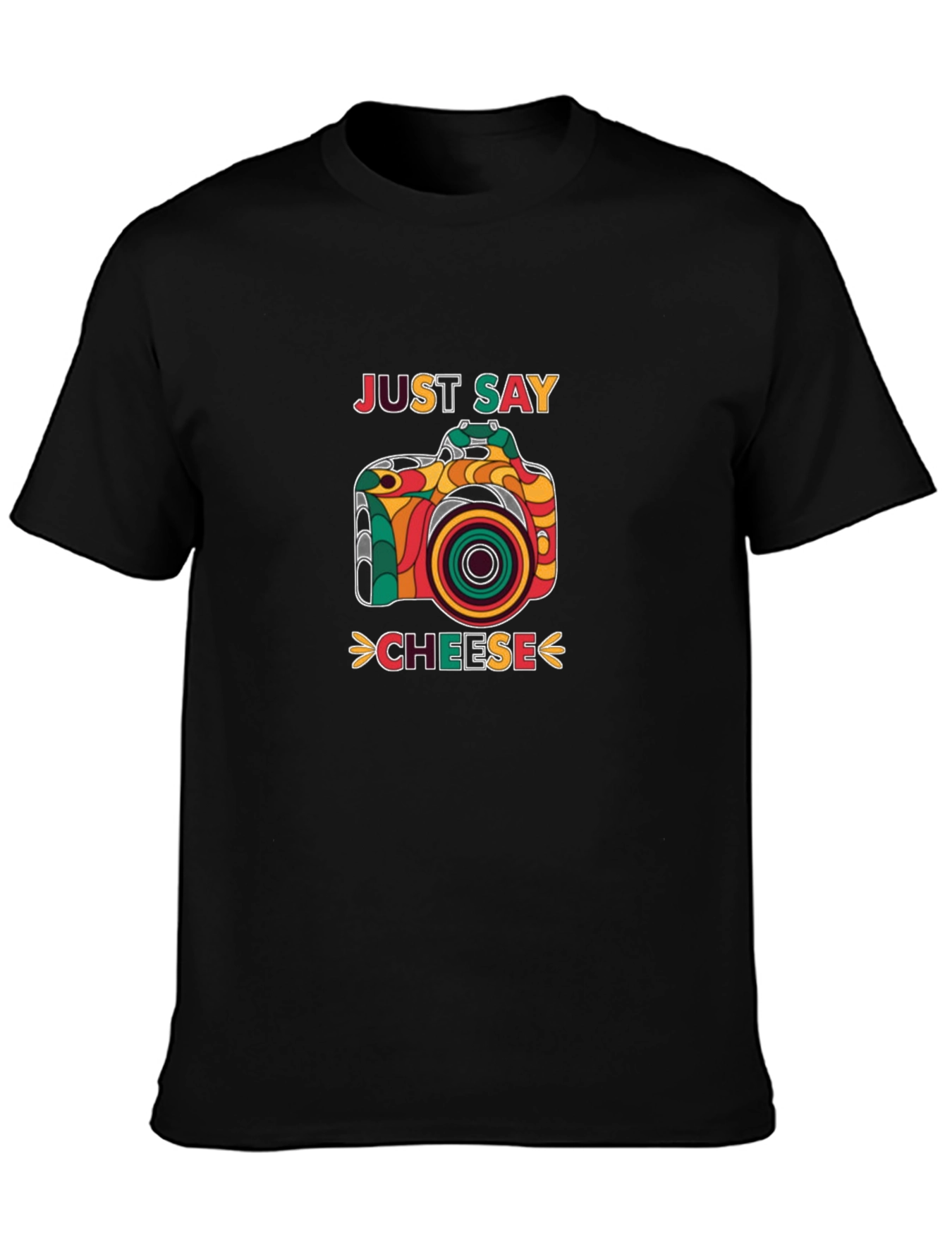 Black Just Say Cheese Retro Camera Graphic T-Shirt view 3