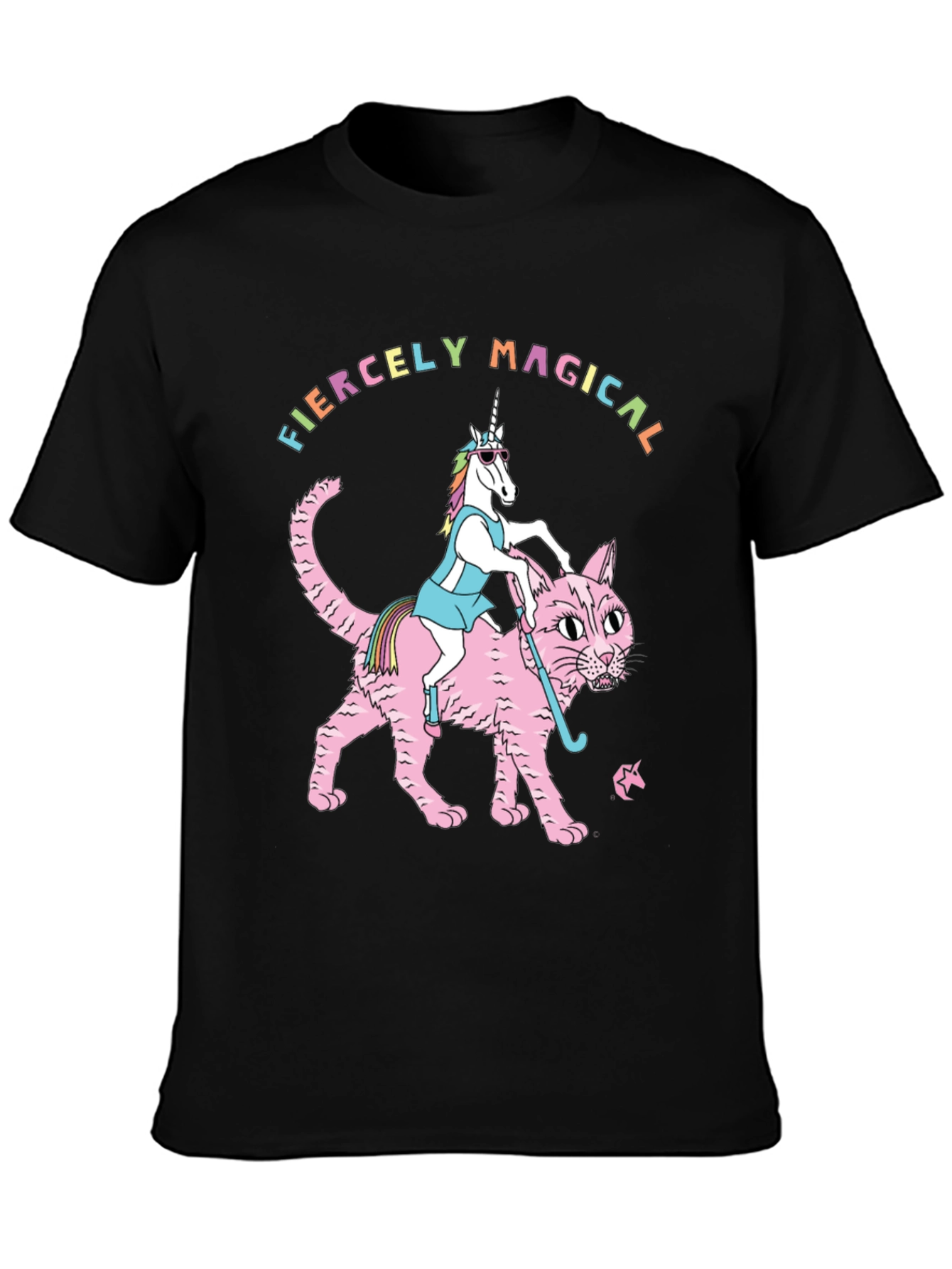 Black Fiercely Magical Unicorn Riding Cat Graphic Tee view 3