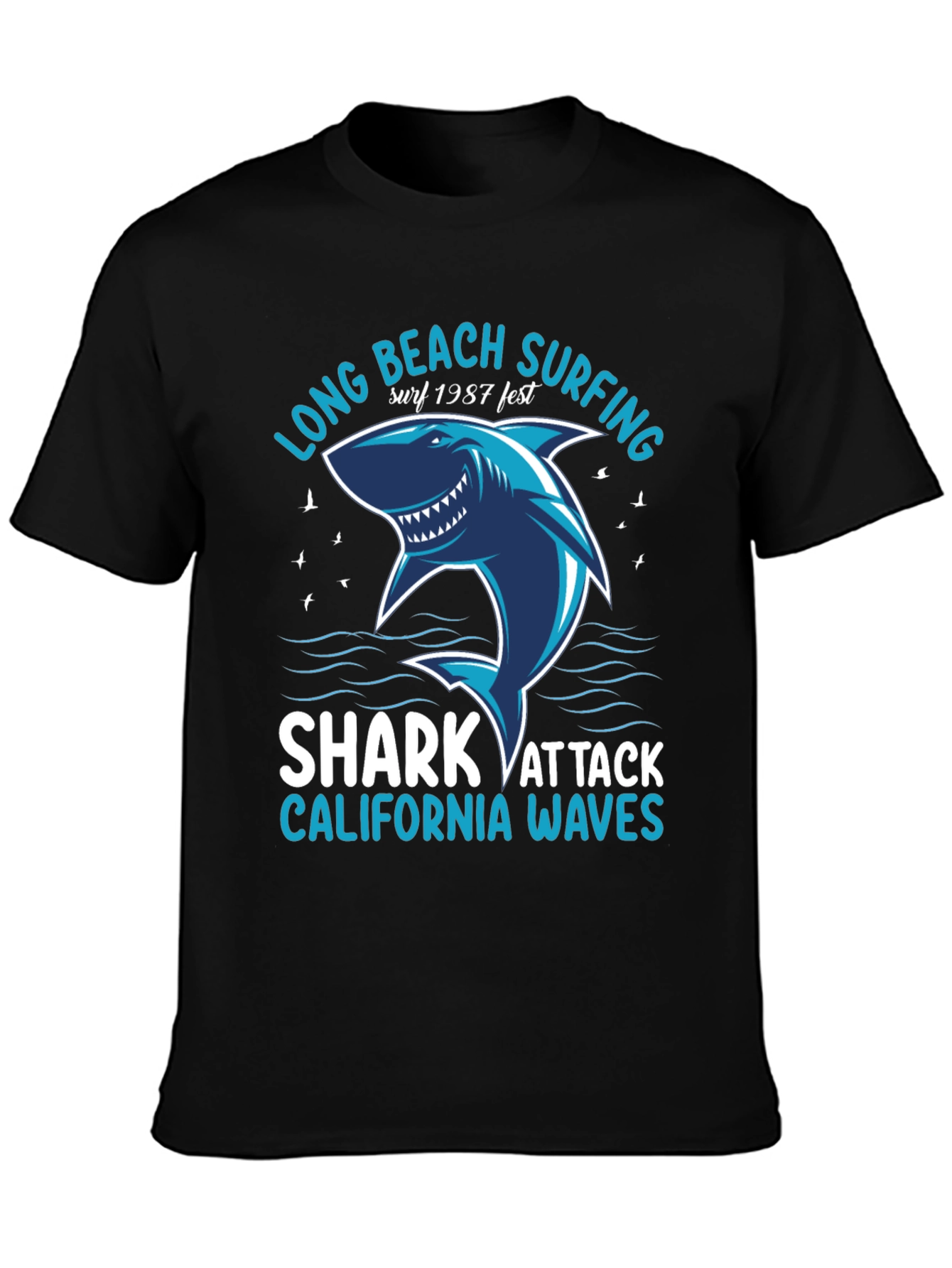 Black Long Beach Surfing Shark Graphic Tee view 3