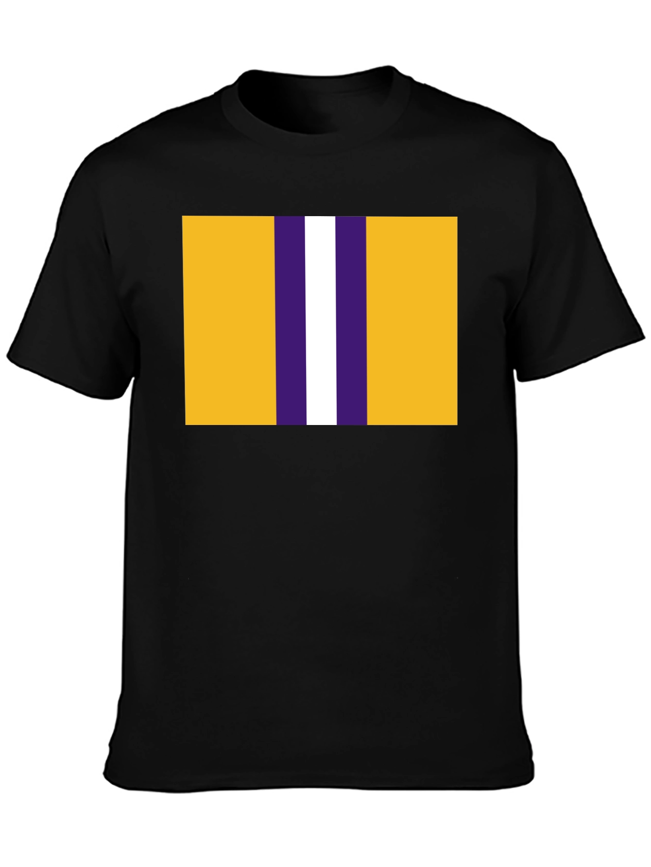 Black Striped Graphic T-Shirt - Gold, Purple, and White Design view 3