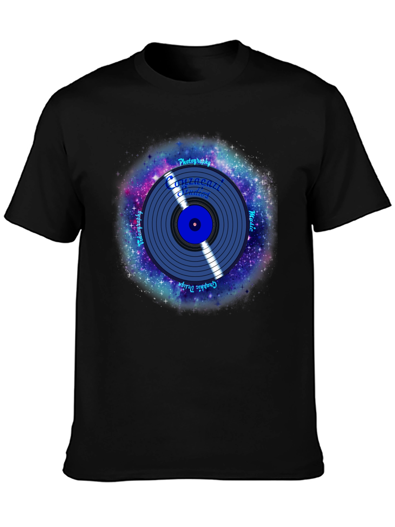Black Galaxy Vinyl Record Graphic T-Shirt view 3