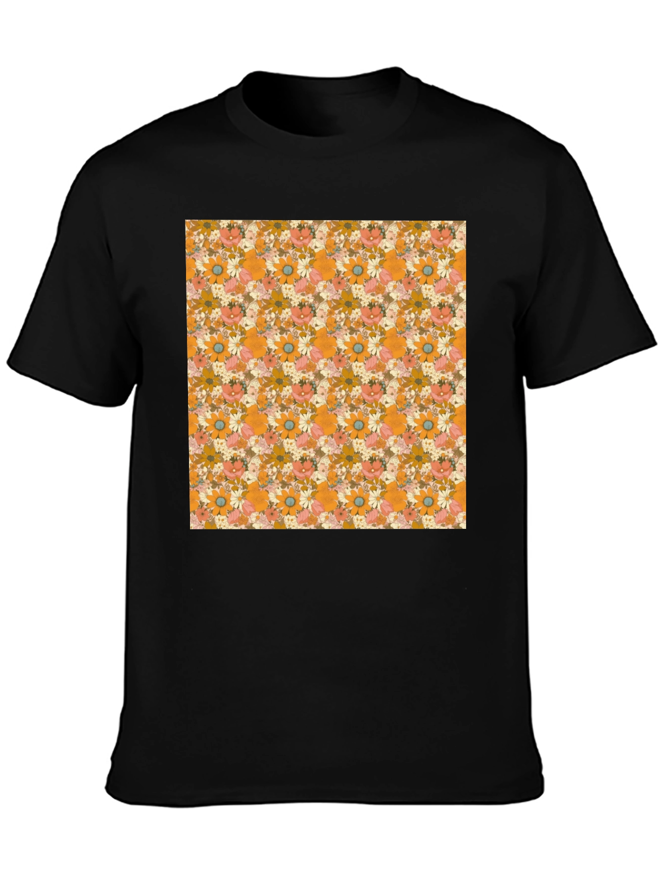 Black Retro Floral Print T-Shirt - Black Crew Neck Tee view 3