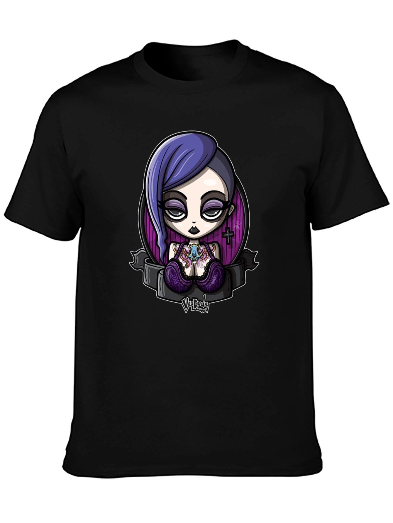 Black Gothic Cartoon Girl Graphic Black T-Shirt view 3
