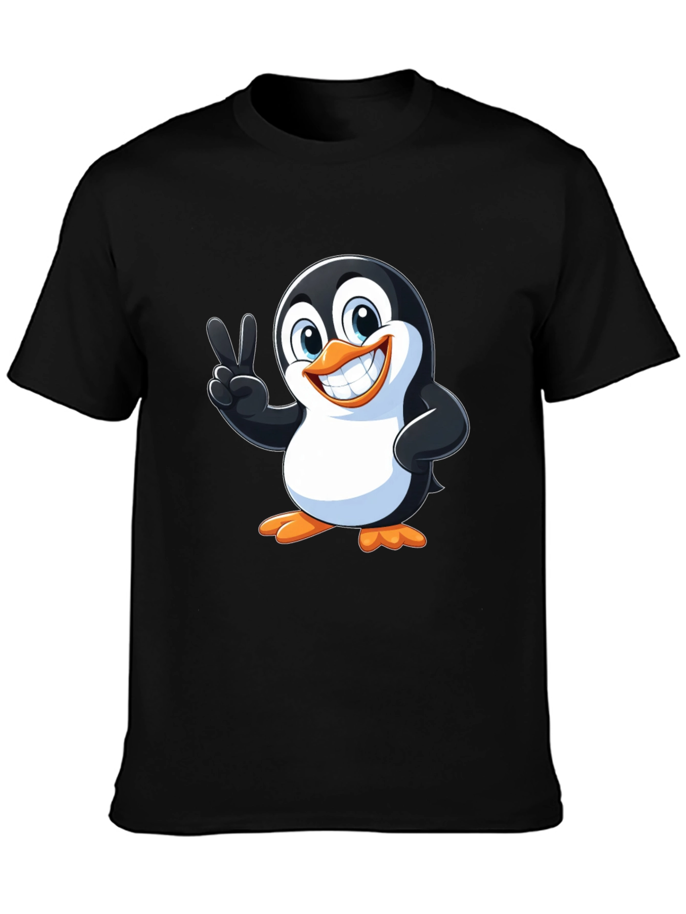 Black Cute Penguin Peace Sign Graphic T-Shirt view 3