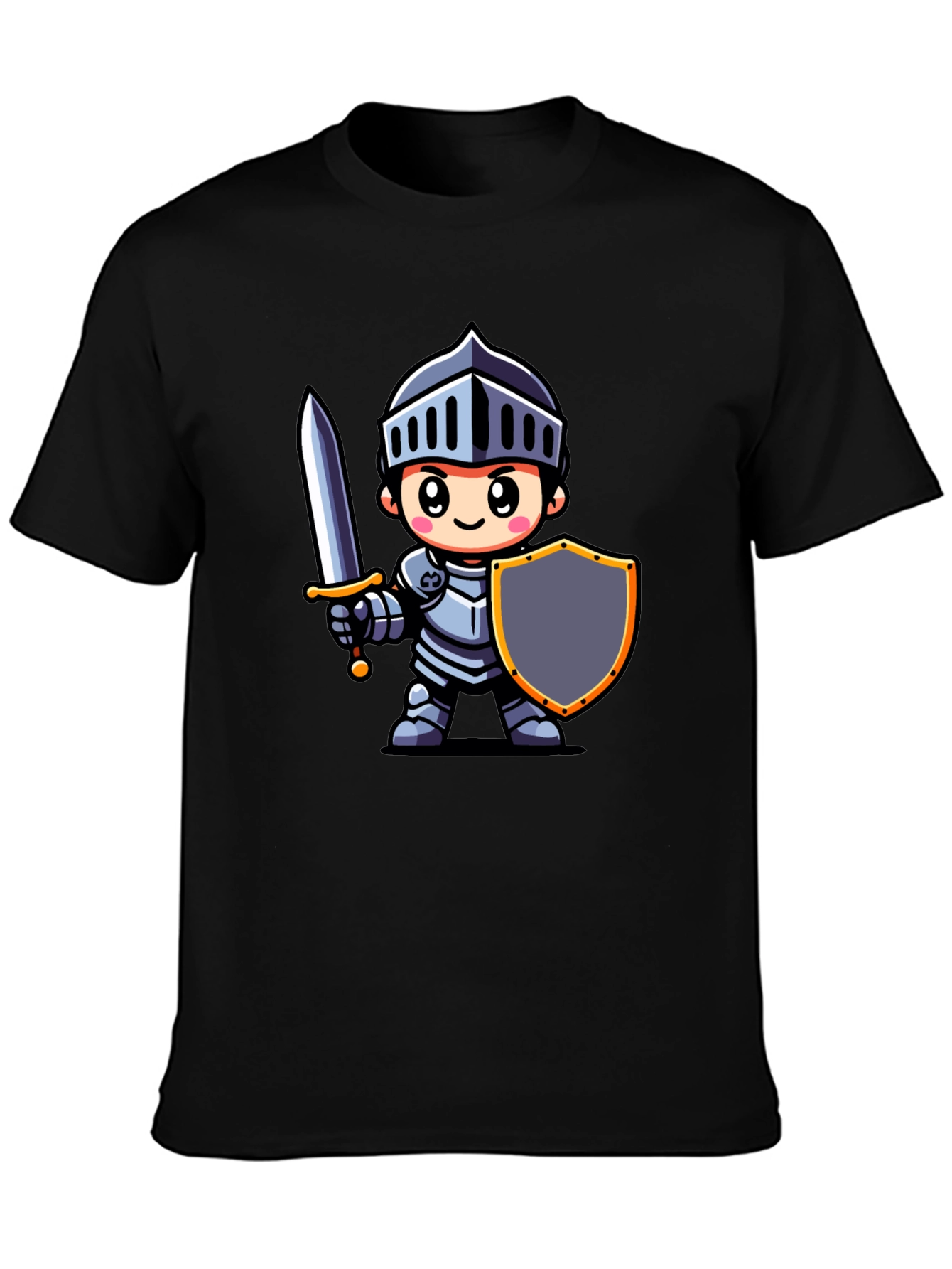 Black Cartoon Knight Graphic Tee - Black Cotton T-Shirt view 3