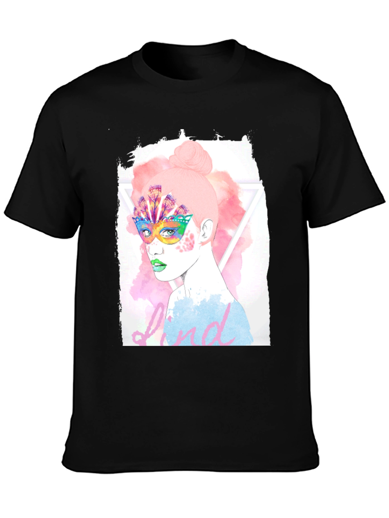 Black Graphic Print Tee - Colorful Mask Woman view 3