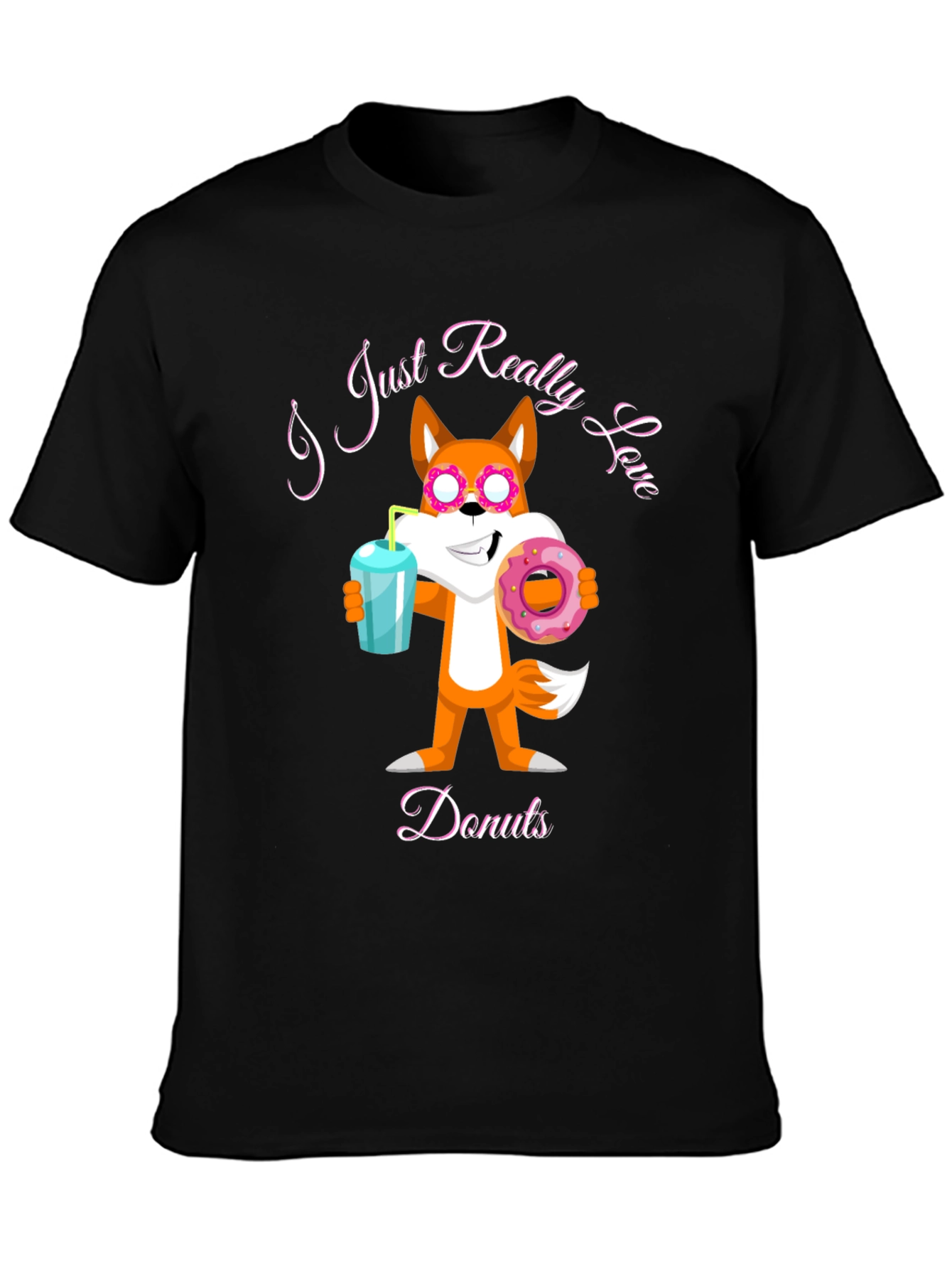 Black Funny Fox Loves Donuts Graphic T-Shirt view 3