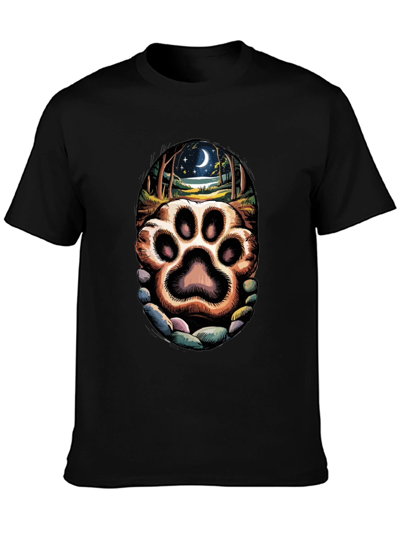 Black Paw Print Moonlit Forest Graphic Tee view 3