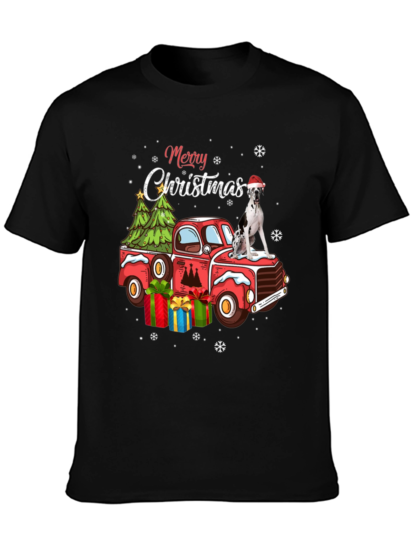 Black Merry Christmas Dog Truck T-Shirt view 3