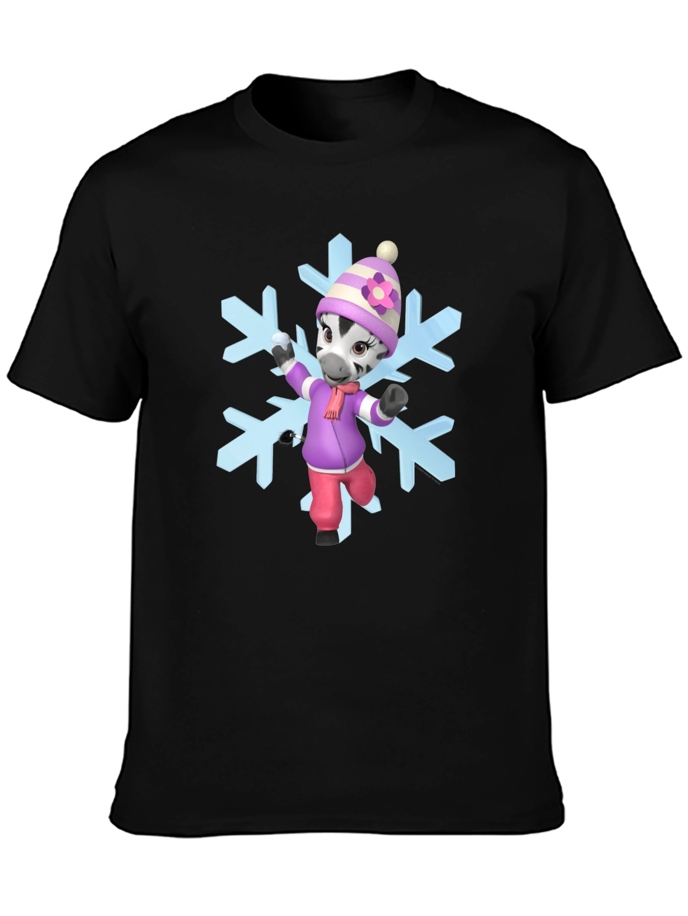 Black Zebra Cartoon Snowflake T-Shirt view 3