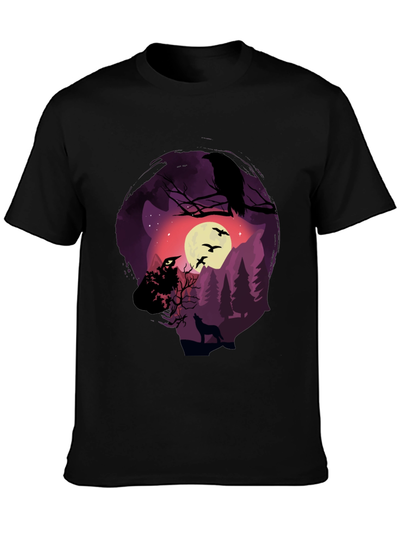 Black Raven Moon Wolf Graphic T-Shirt view 3