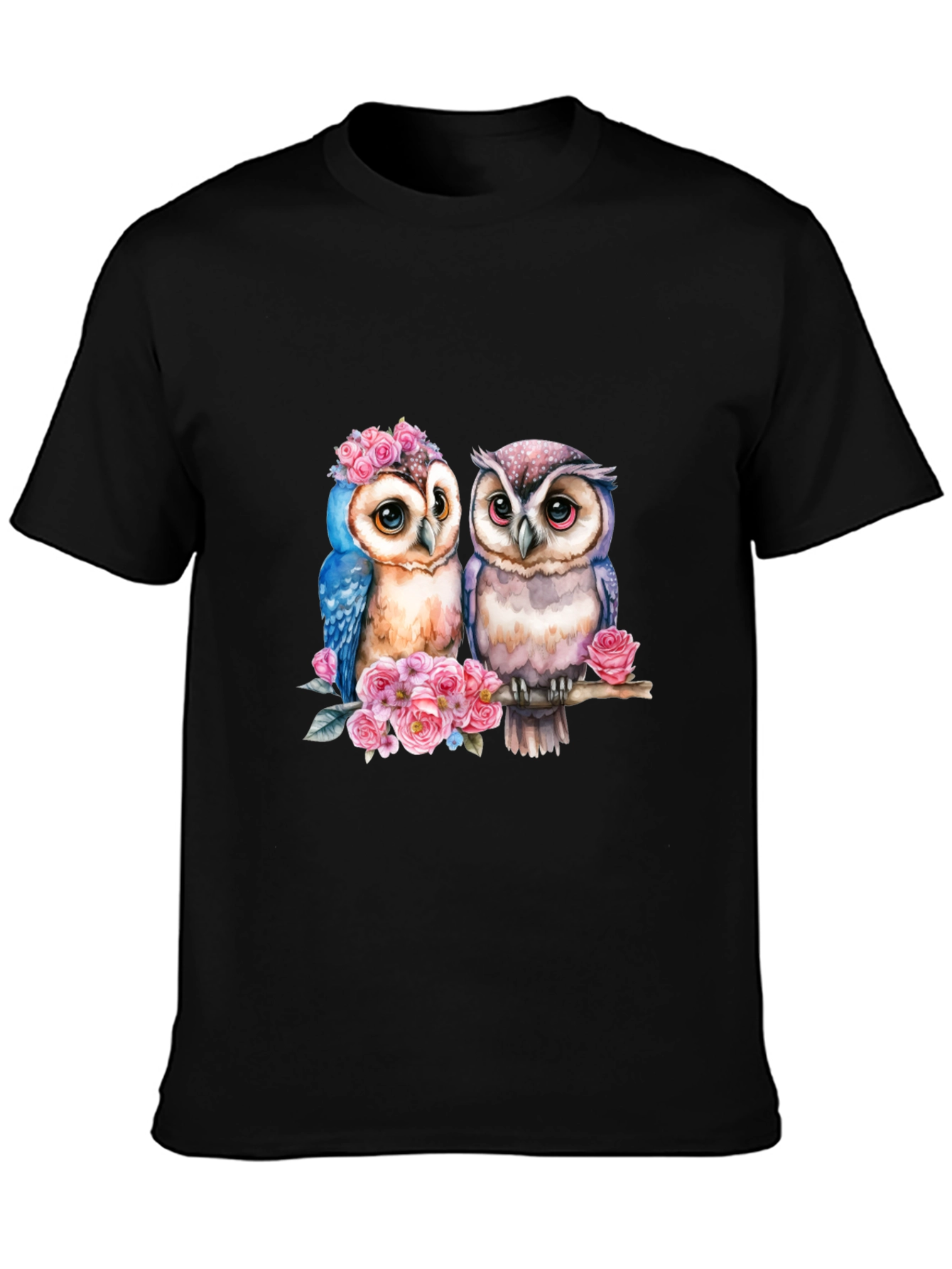 Black Owl Couple T-Shirt - Floral Design view 3