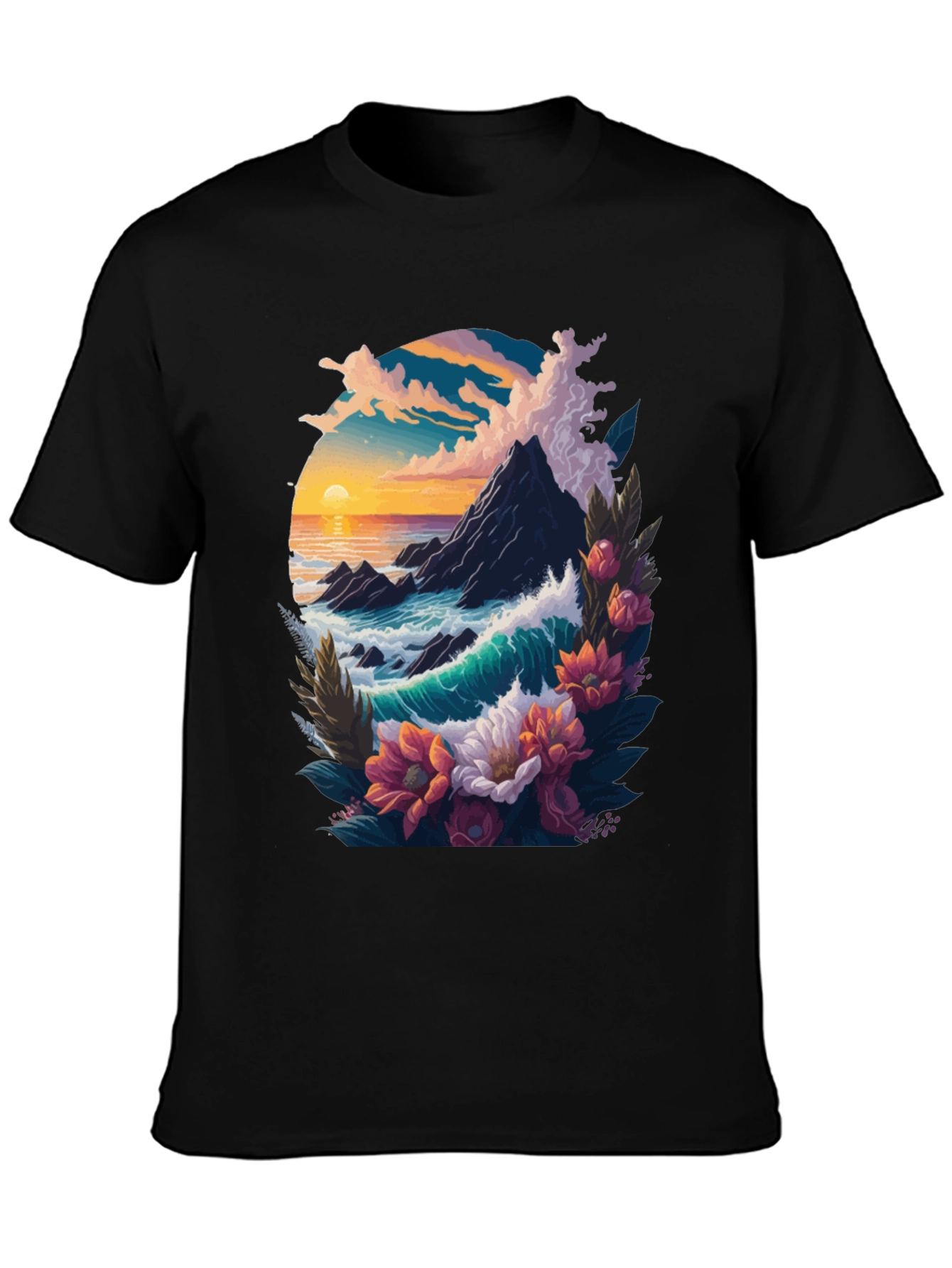 Black Ocean Sunset Floral Graphic Tee view 3