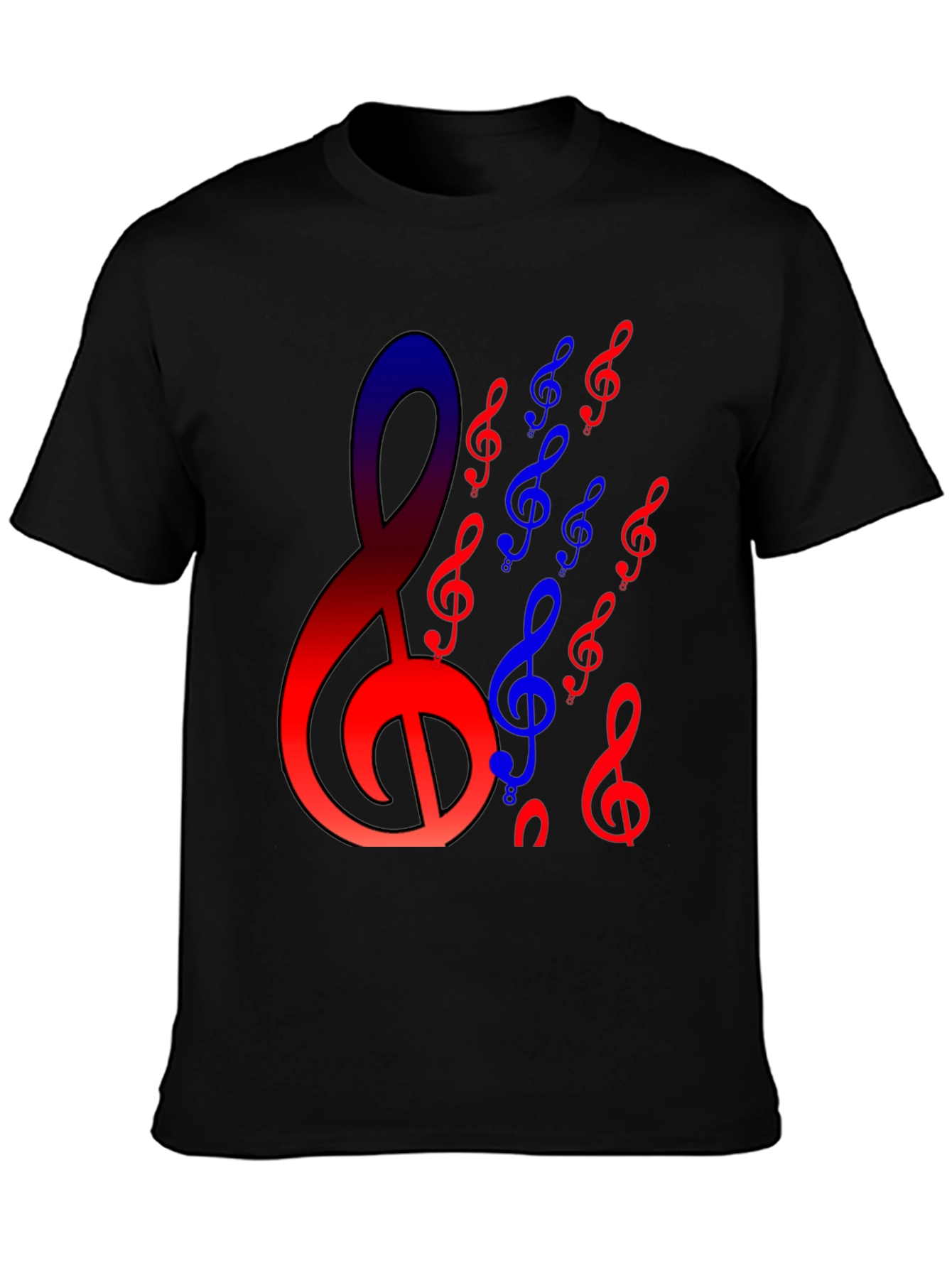 Black Musical Clef T-Shirt - Red and Blue Design view 3