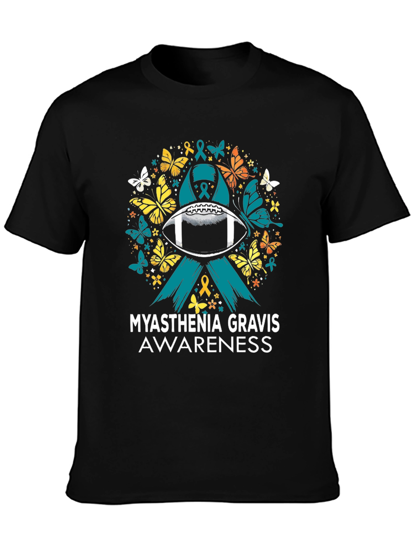 Black Myasthenia Gravis Awareness Football T-Shirt view 3