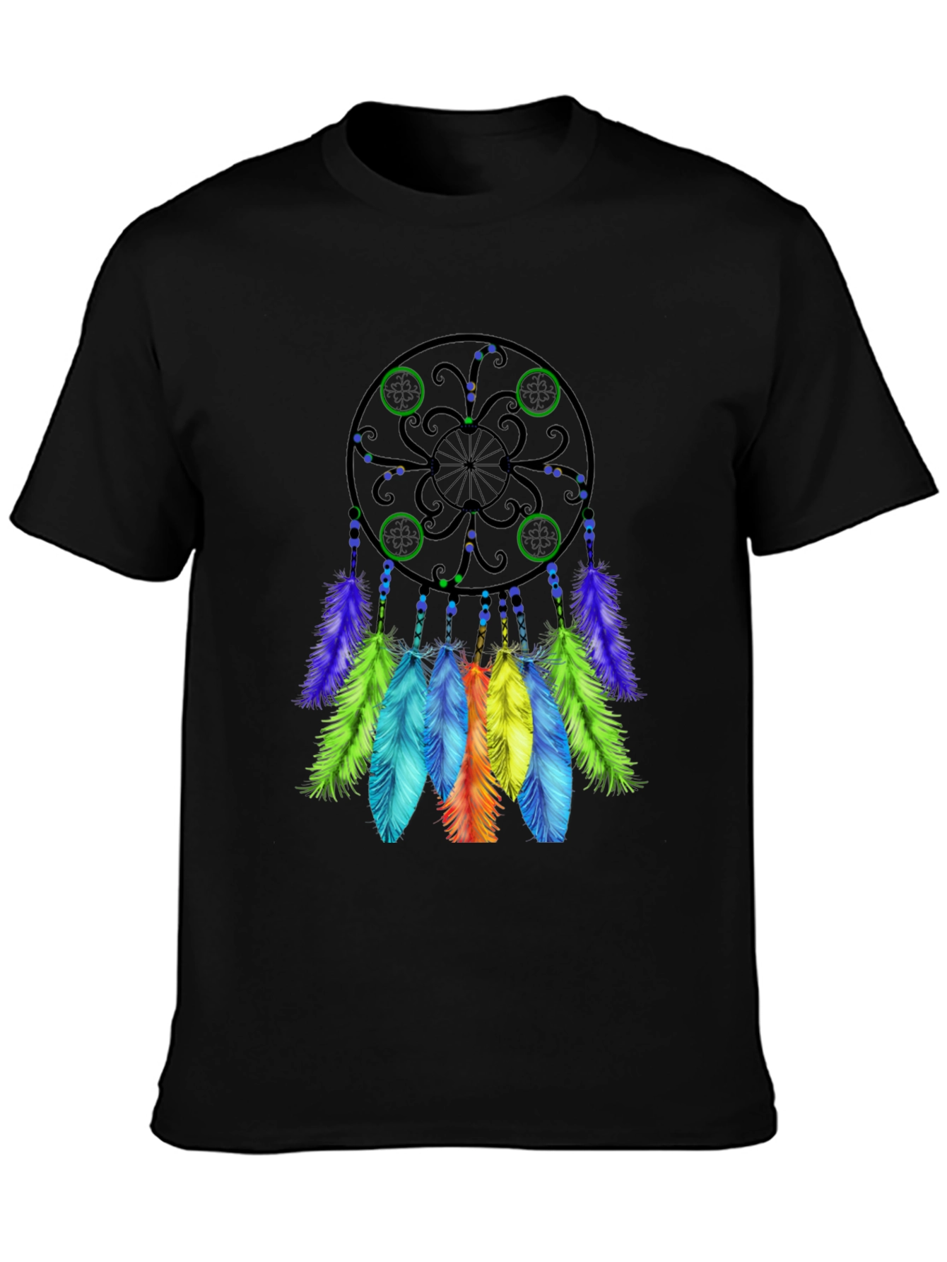 Black Dreamcatcher T-Shirt - Black Cotton Tee with Colorful Feather Design view 3