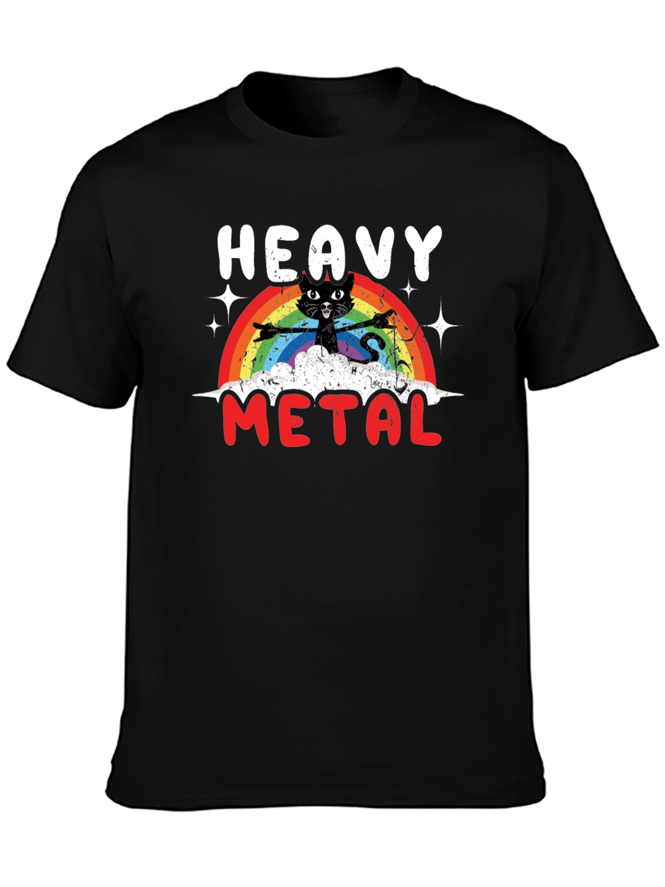 Black Heavy Metal Cat Rainbow T-Shirt view 3