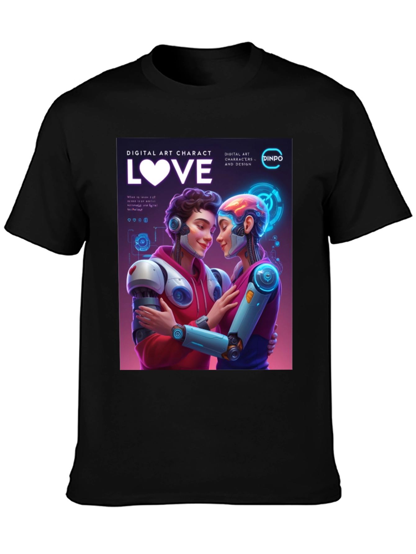 Black Robotic Love T-Shirt - Digital Art Character Design view 3