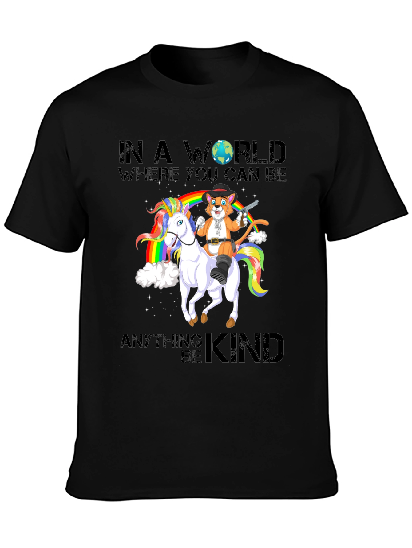 Black Be Kind T-Shirt: Cat Cowboy Riding Unicorn view 3
