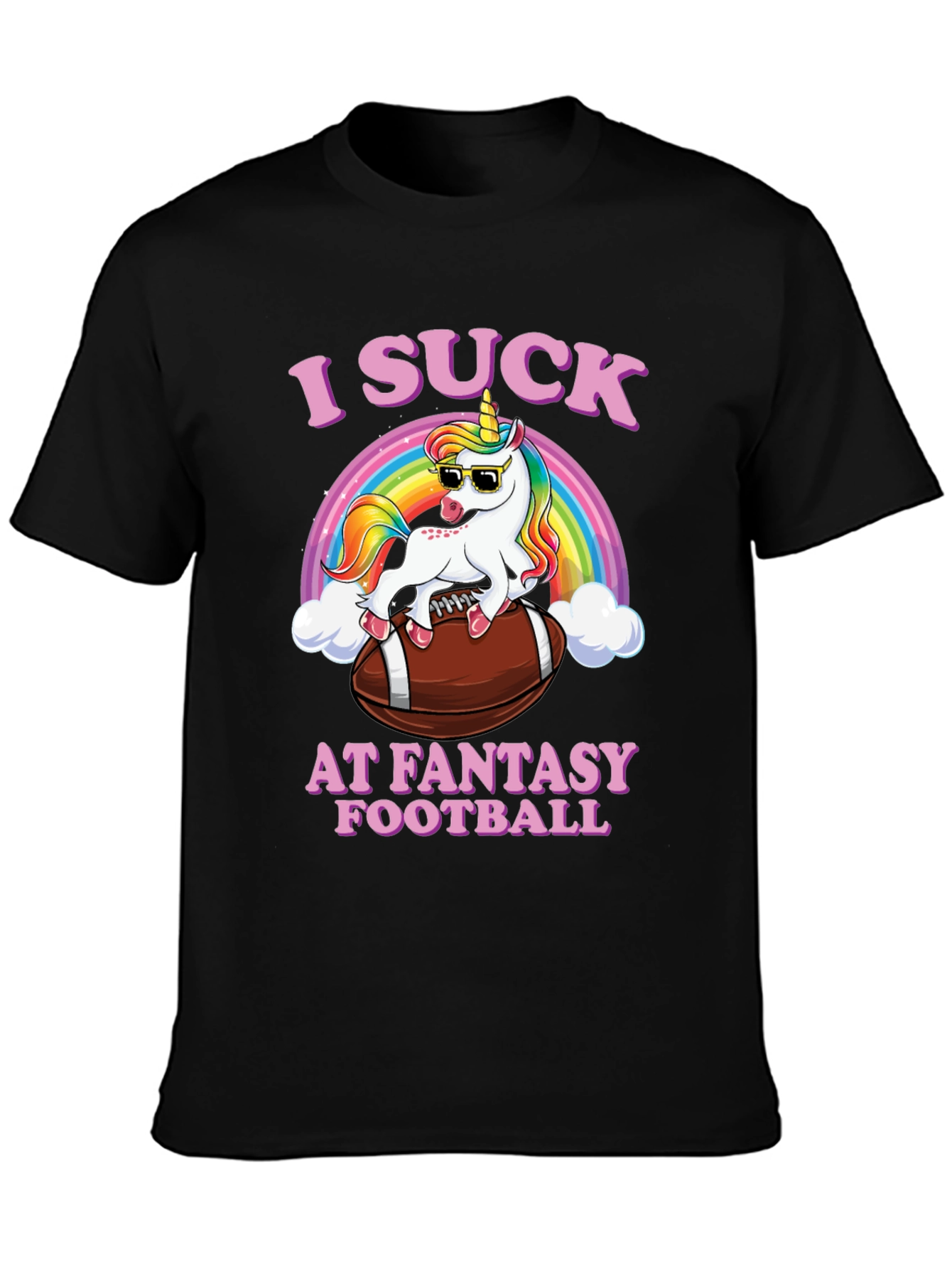 Black I Suck at Fantasy Football Unicorn T-Shirt view 3