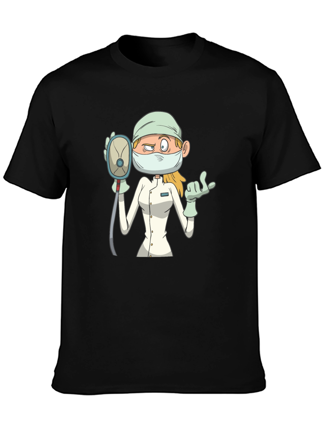 Black Cartoon Nurse T-Shirt - Unisex Black Tee view 3