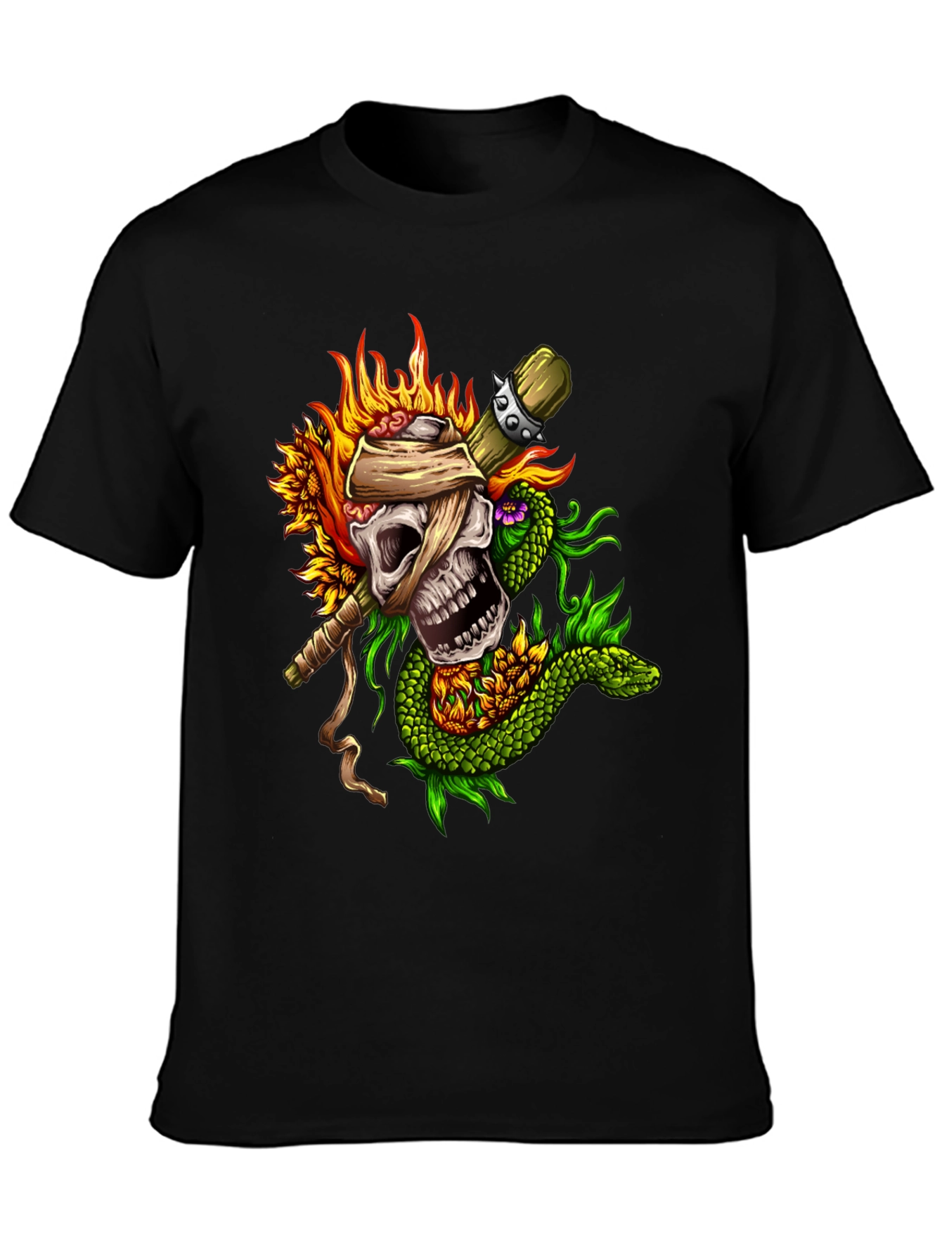 Skull, Snake, Sunflowers Black T-Shirt - 3