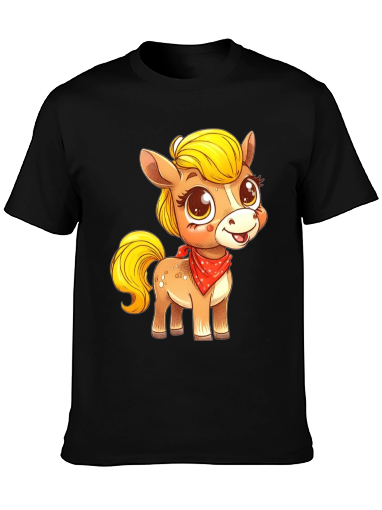 Black Cute Pony Cartoon Graphic Black T-Shirt view 3