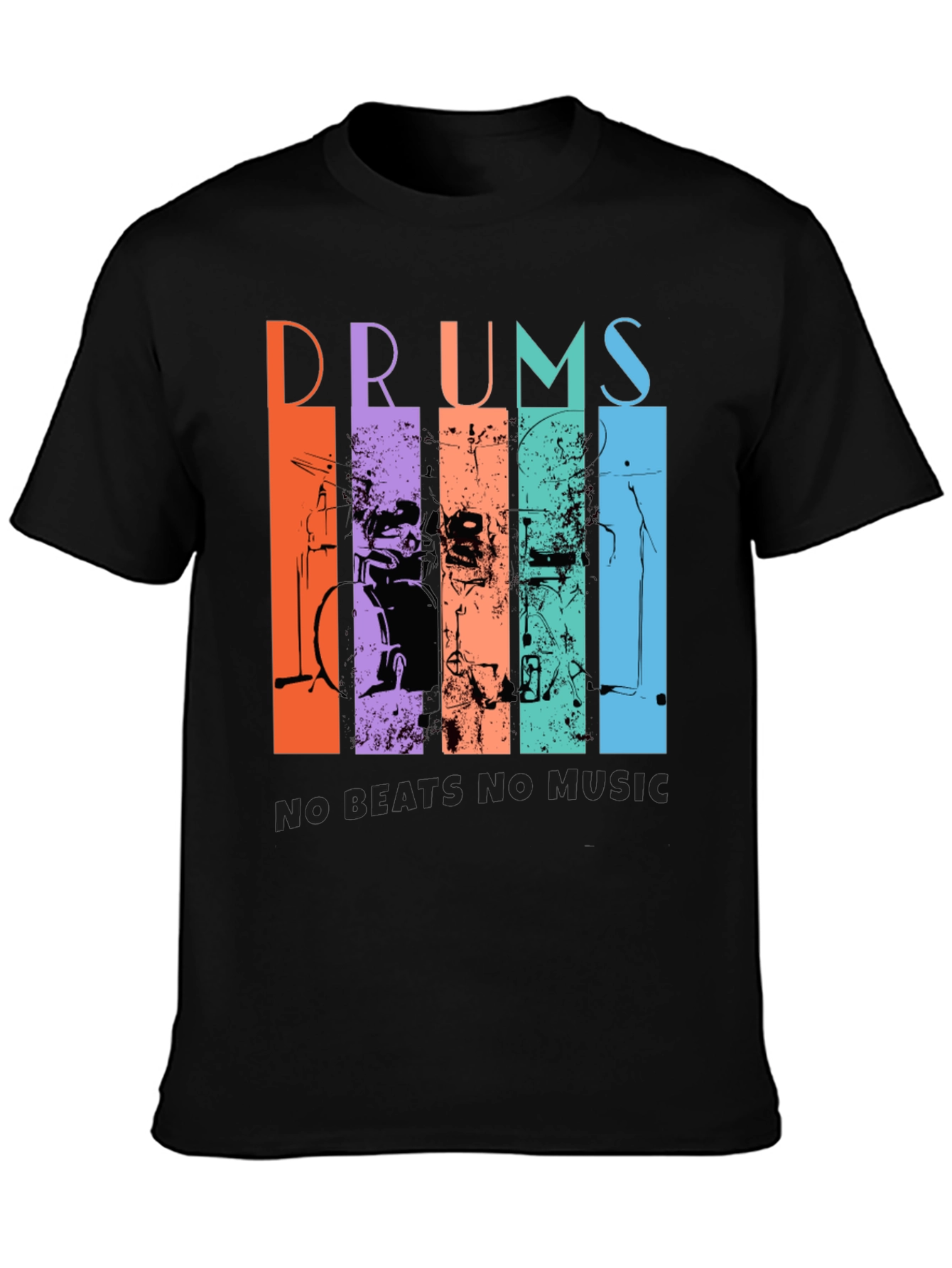 Black Colorful Drums Music Graphic T-Shirt view 3